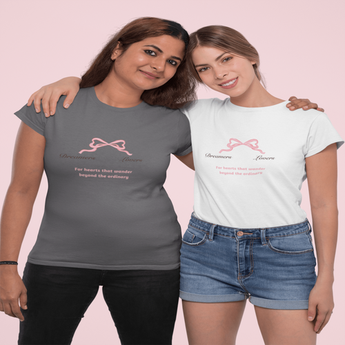 Front view of “A Heart That Wanders Beyond the Ordinary” T-shirt with romantic dreamer graphic