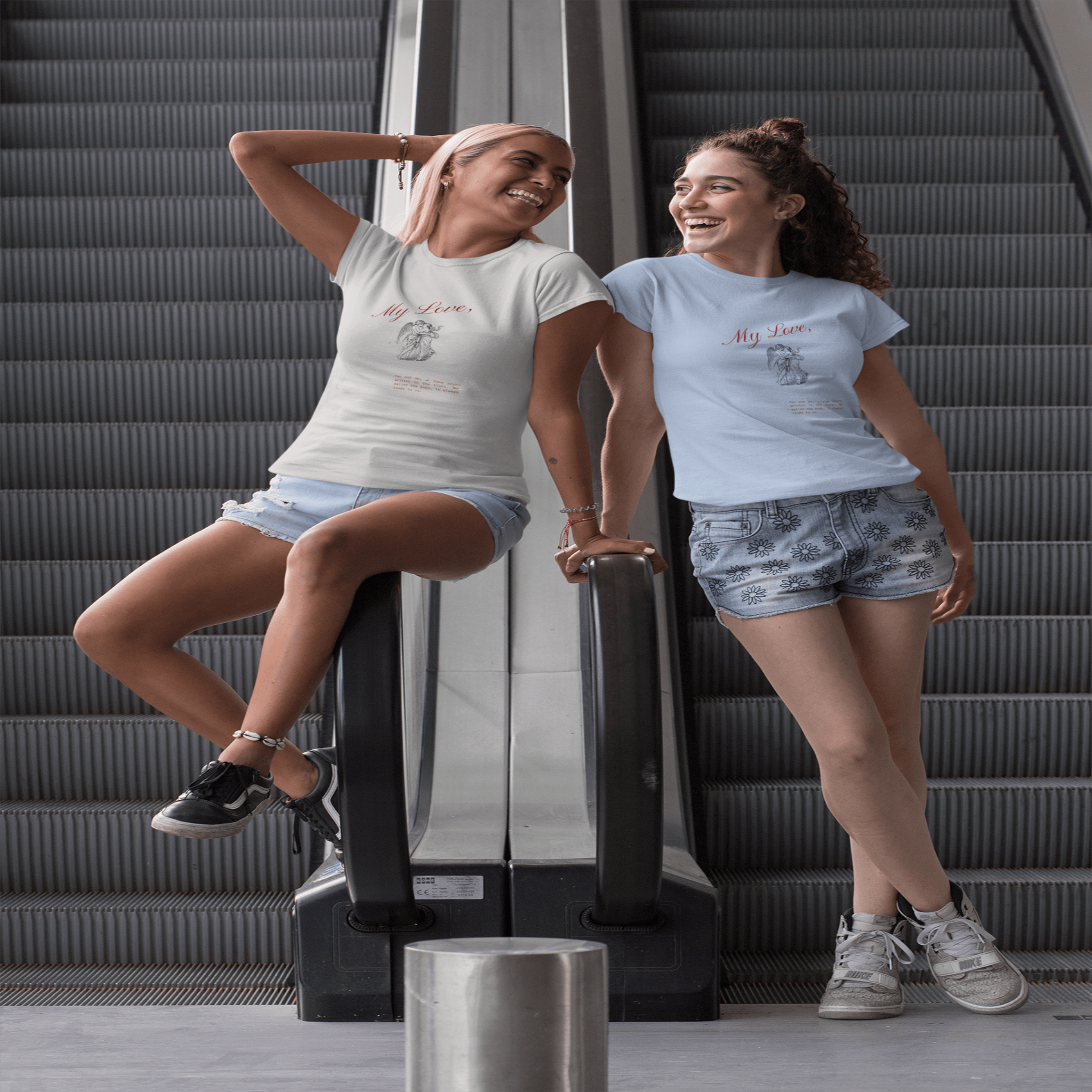 A Love Story Graphic baby blue,silver T-Shirt with a soft cotton with wearing frineds