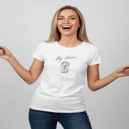 A Love Story Graphic White T-Shirt with a heartfelt illustration on the front