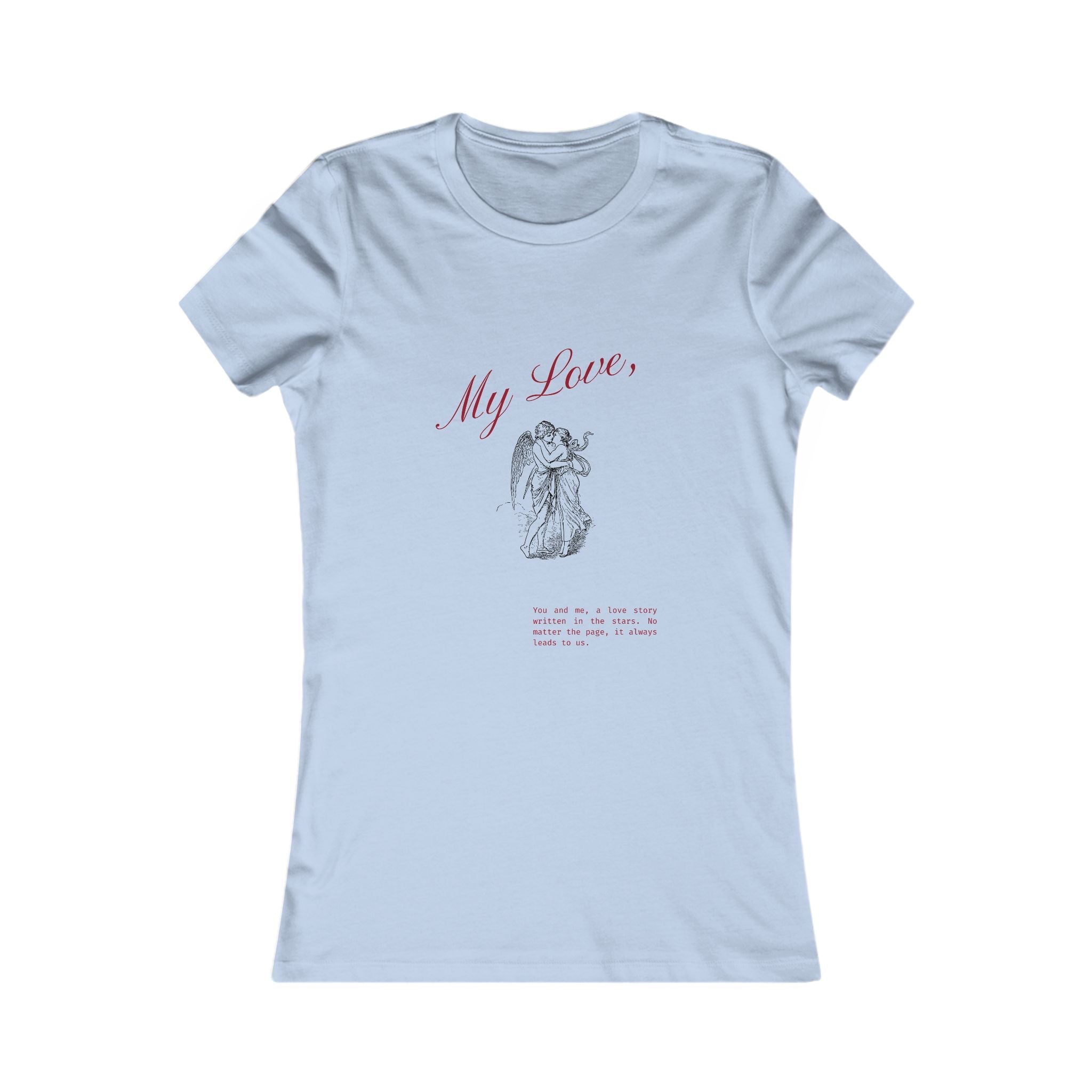 A Love Story Graphic baby blue T-Shirt with a heartfelt illustration and cotton texture