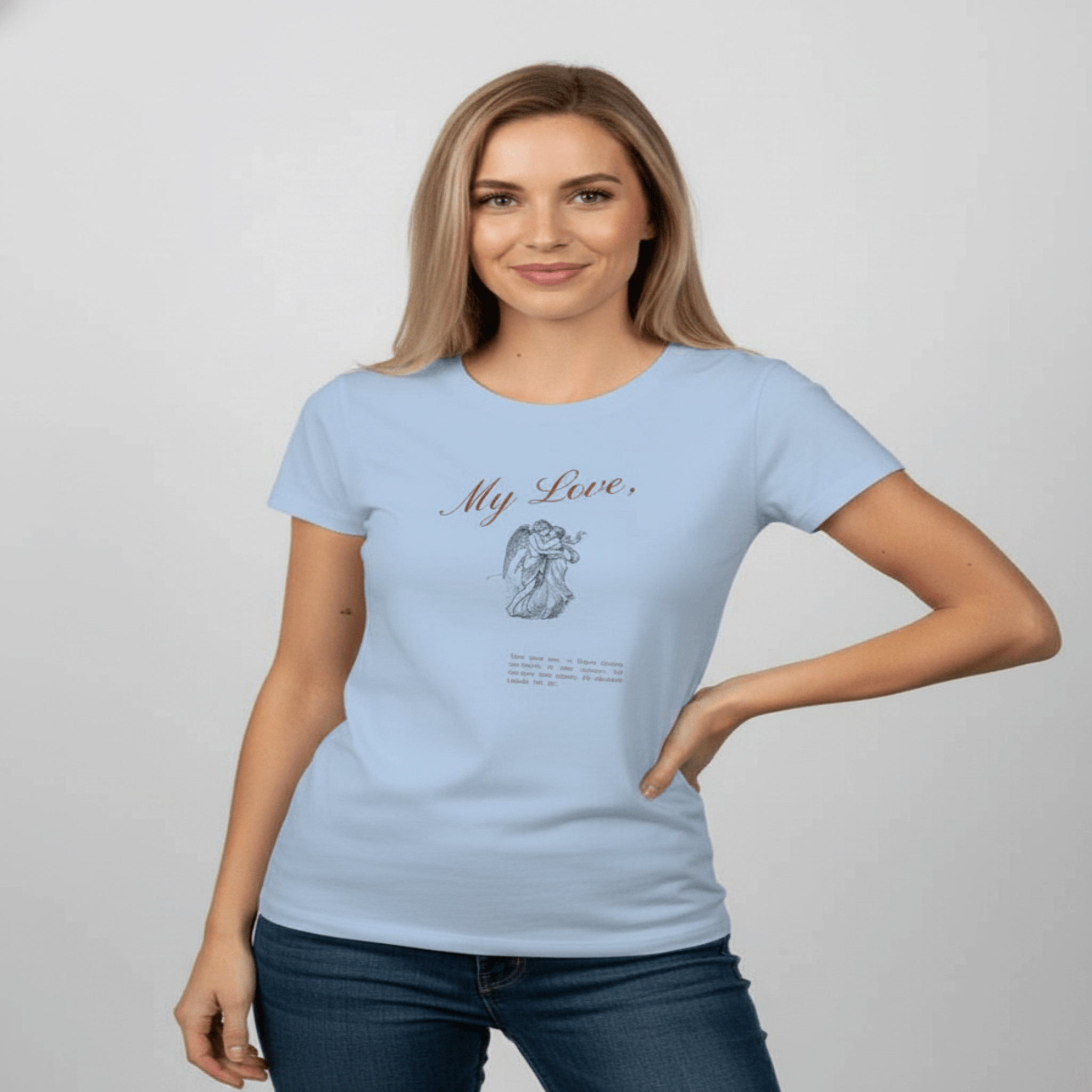 A Love Story Graphic baby blue T-Shirt with a heartfelt illustration and cotton texture