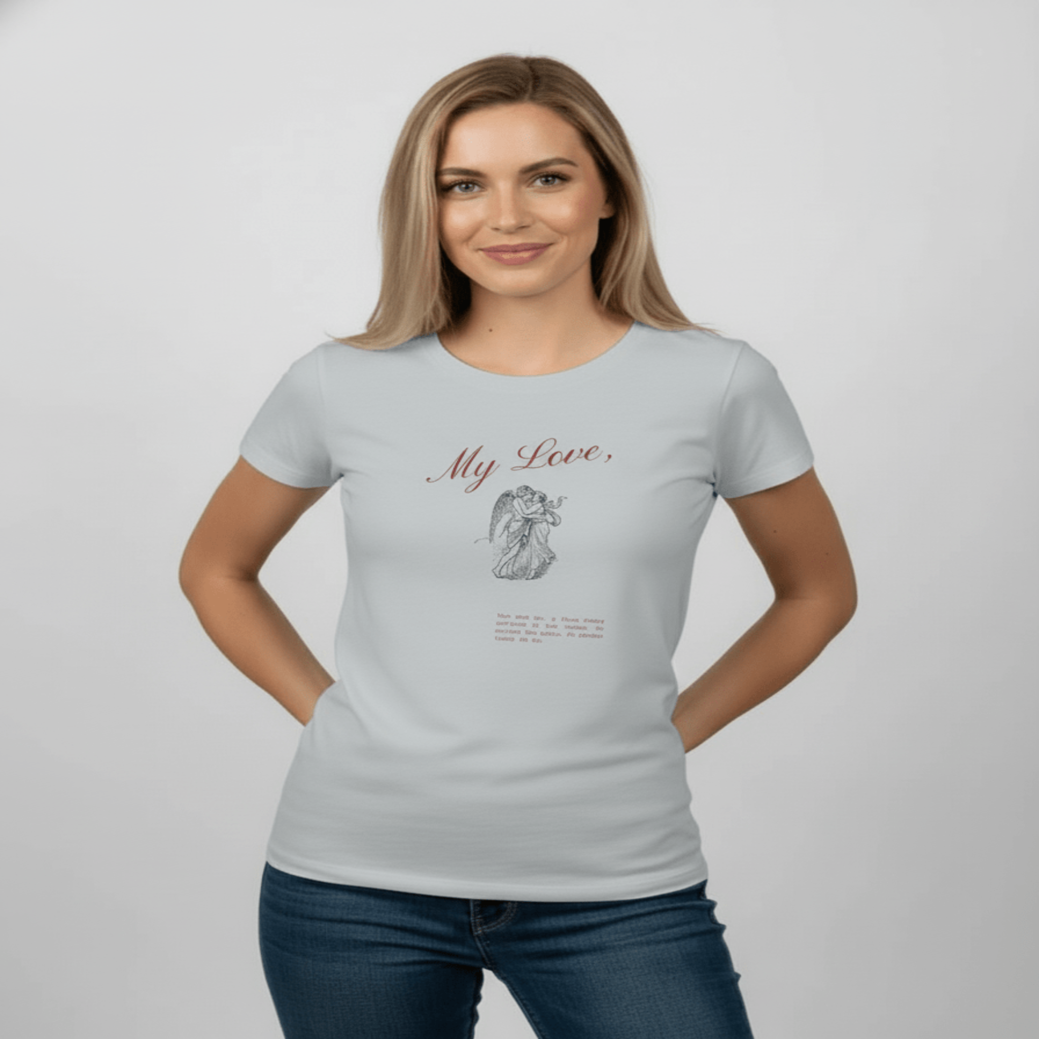 A Love Story Graphic baby blue T-Shirt with a heartfelt illustration