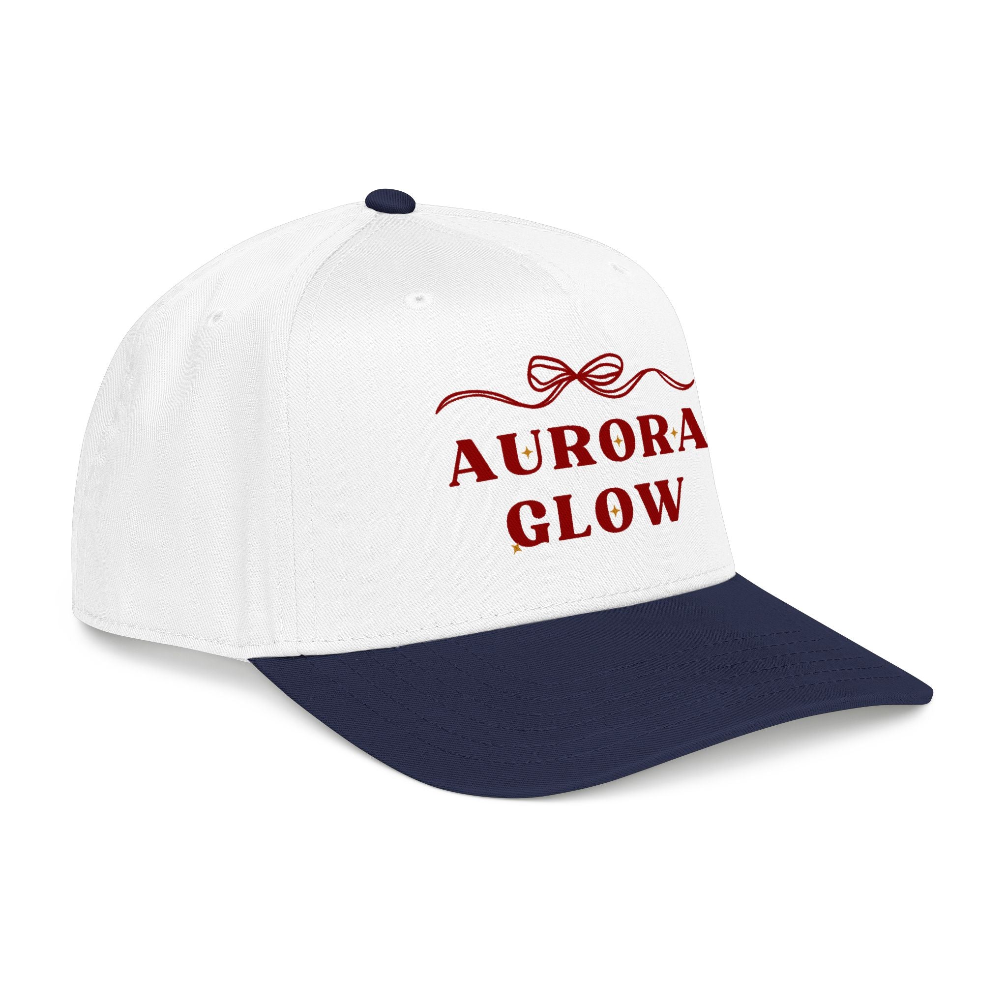 Close-up of Aurora Glow Trucker Hat showing delicate bow accent and crisp DTF-printed artwork with vibrant, long-lasting color