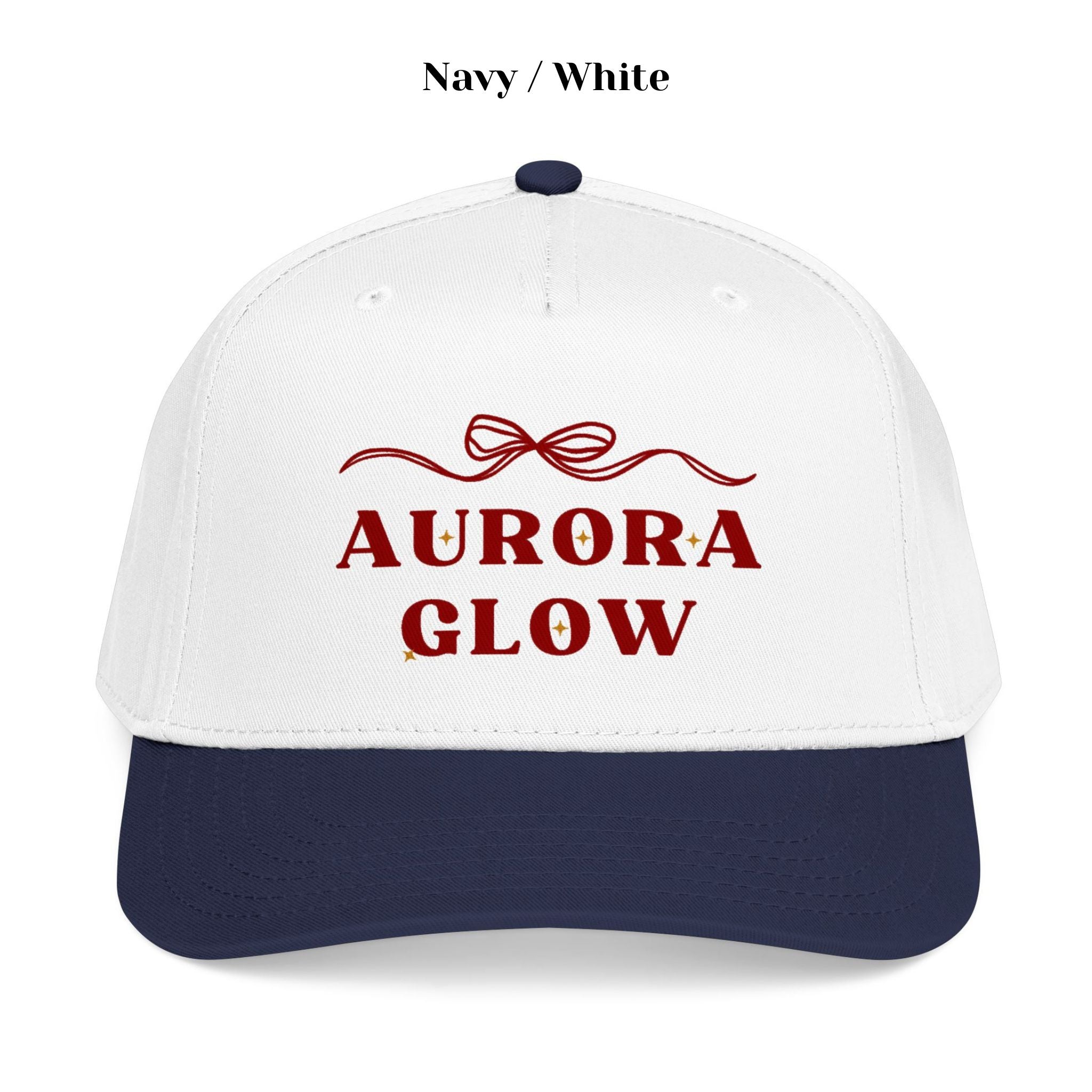 Casual outfit featuring Aurora Glow Trucker Navy Hat by Hello Aurie, with delicate bow design, mid-profile fit, and vibrant printed artwork.