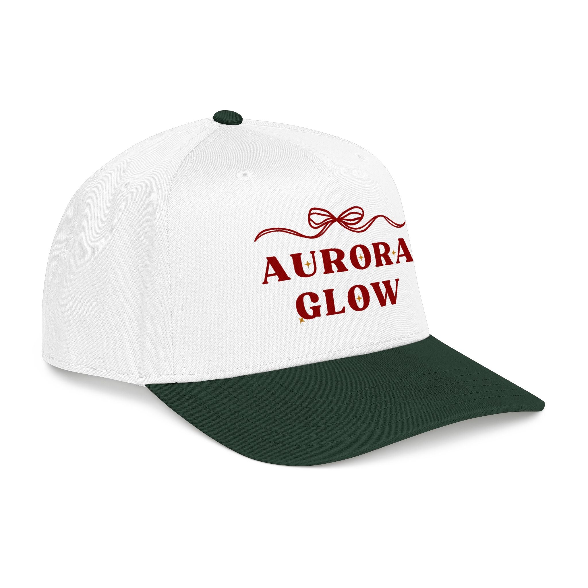 Side view of Aurora Glow Trucker Hat showing mid-profile silhouette, structured shape, and soft polyester-cotton blend for comfort and durability.
