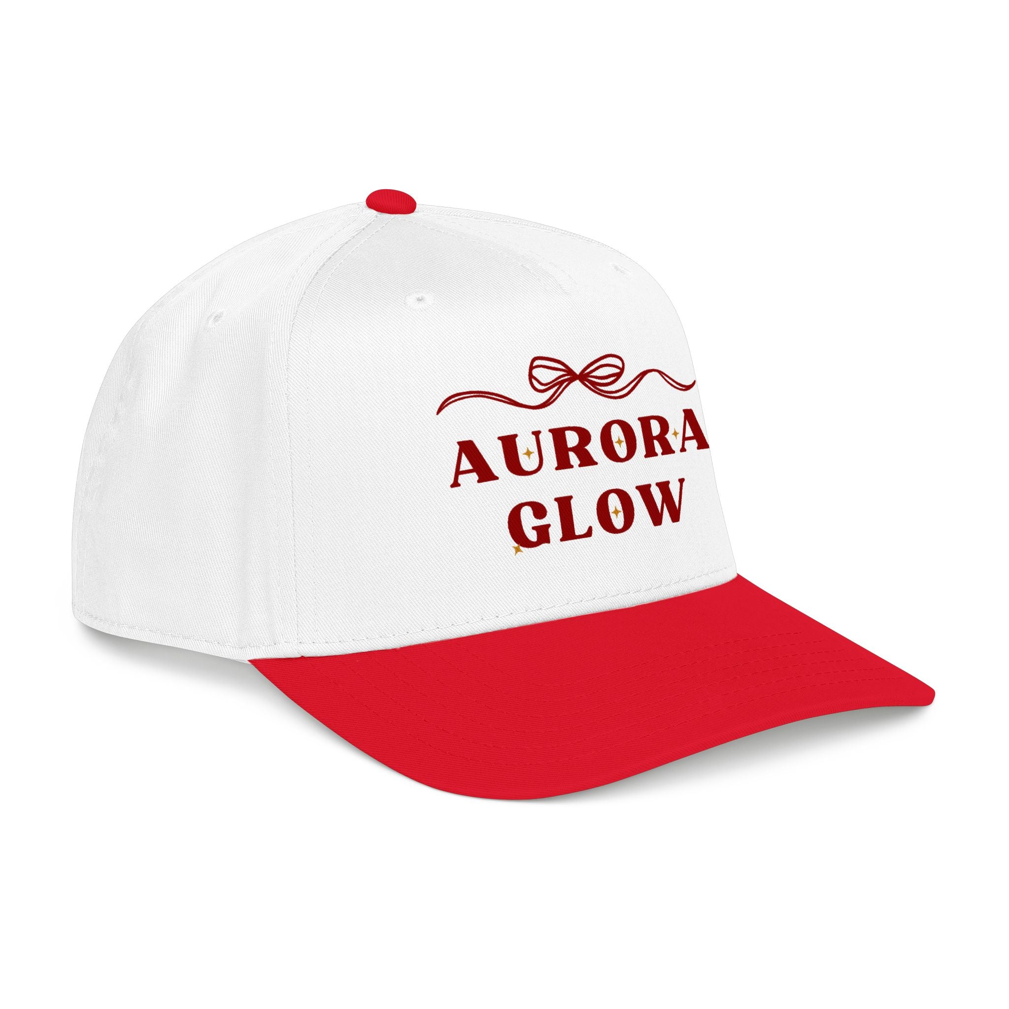 Side view of Aurora Glow Trucker Red Hat showing structured mid-profile shape and soft 65/35 polyester-cotton blend for comfort and durability.