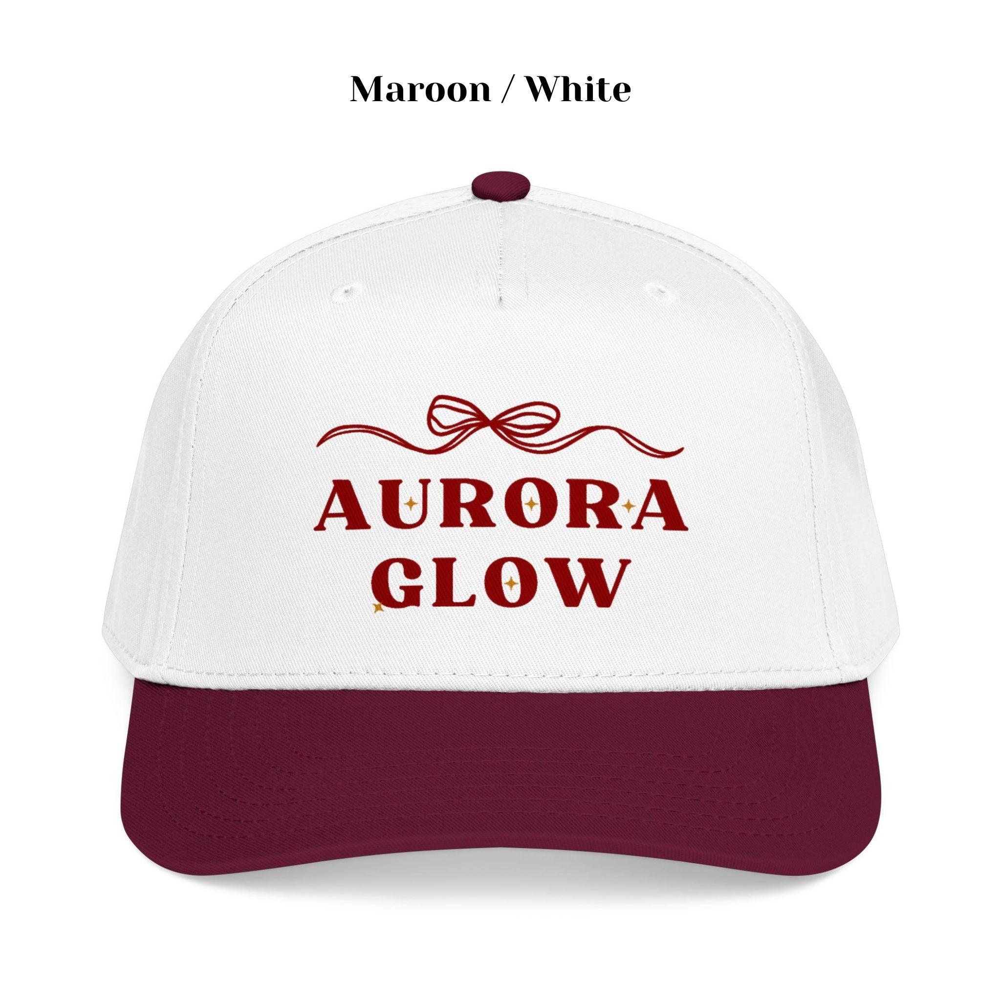 Maroon Aurora Glow Trucker Hat by Hello Aurie styled casually, featuring delicate bow graphic and vibrant DTF print.