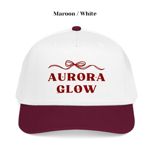 Maroon Aurora Glow Trucker Hat by Hello Aurie styled casually, featuring delicate bow graphic and vibrant DTF print.