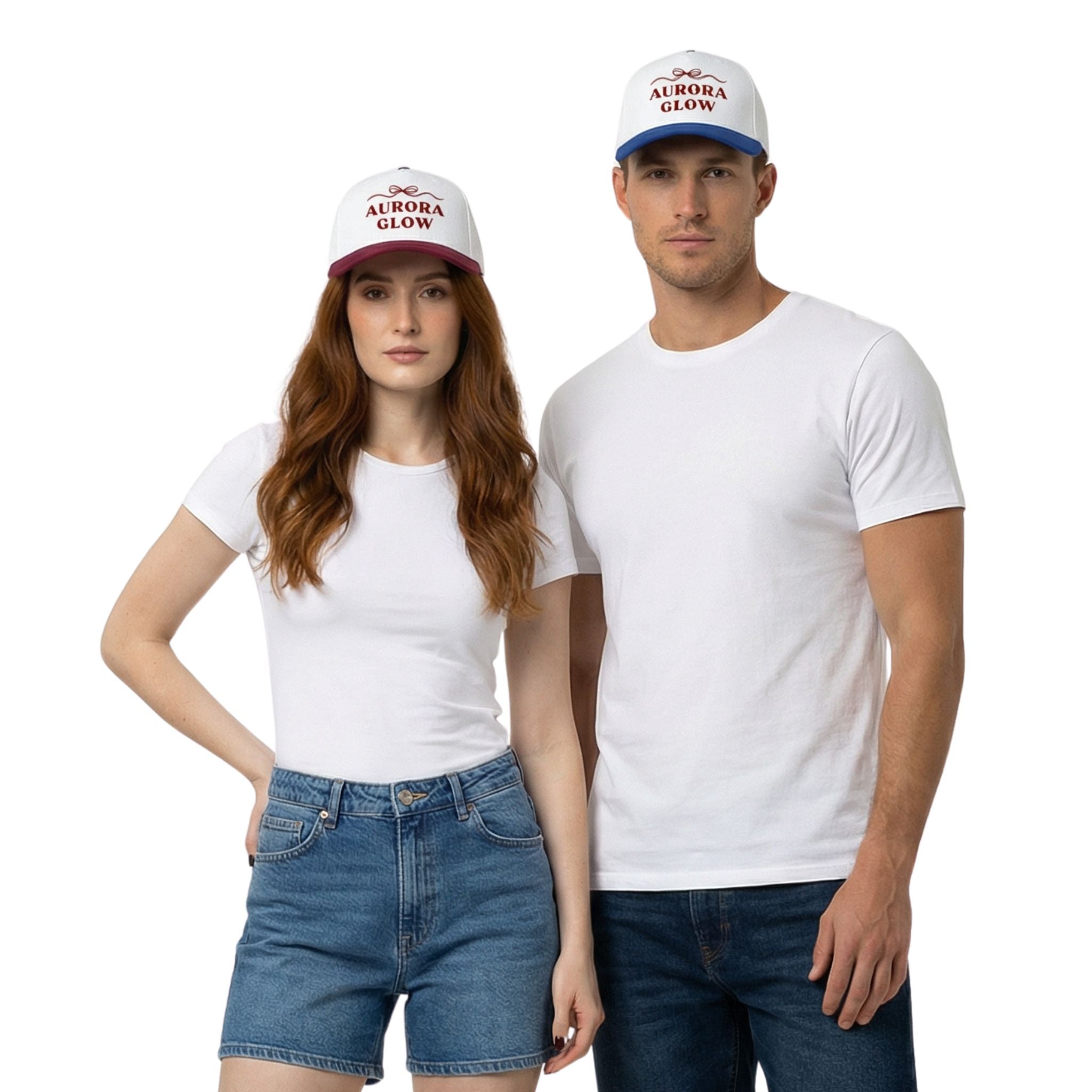 Unisex Aurora Glow Trucker Hat by Hello Aurie with delicate bow, mid-profile silhouette, and adjustable snapback closure, perfect for casual everyday wear.