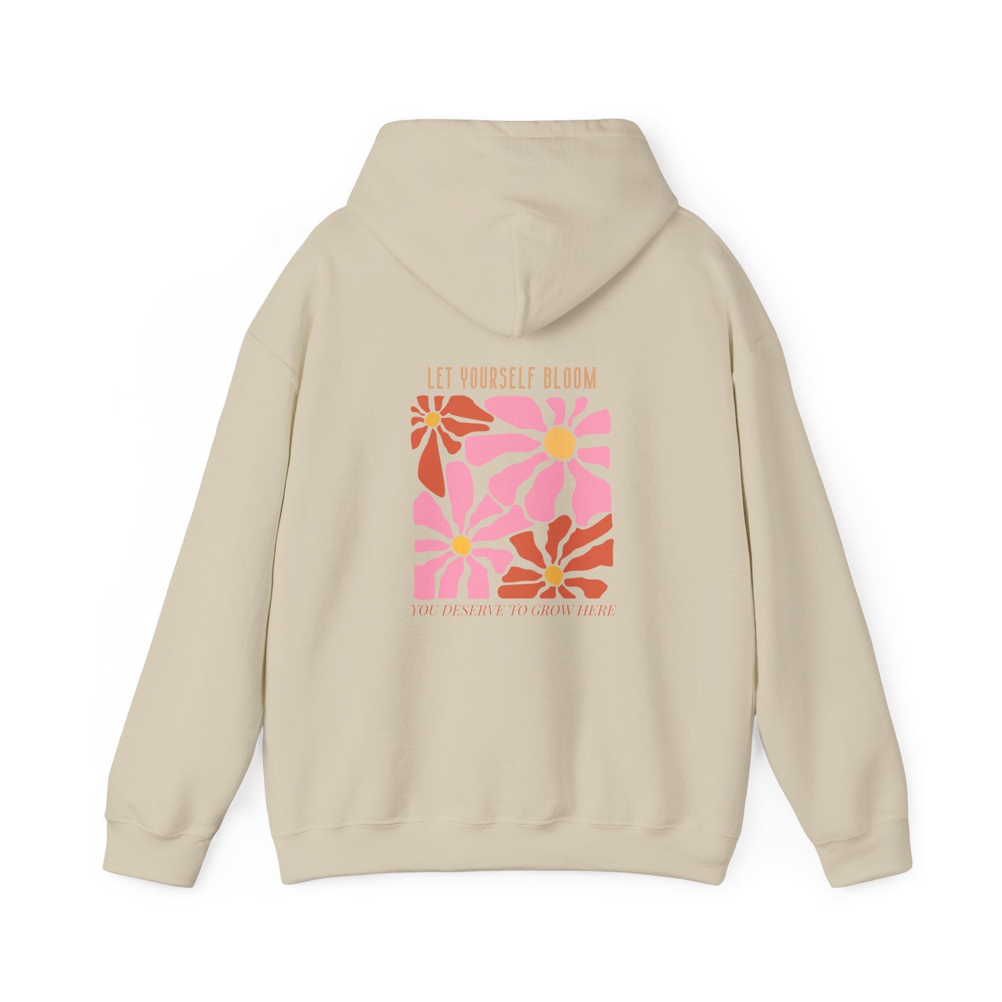 Be Kind to Your Growth hoodie back view showing vibrant floral artwork and motivational lettering