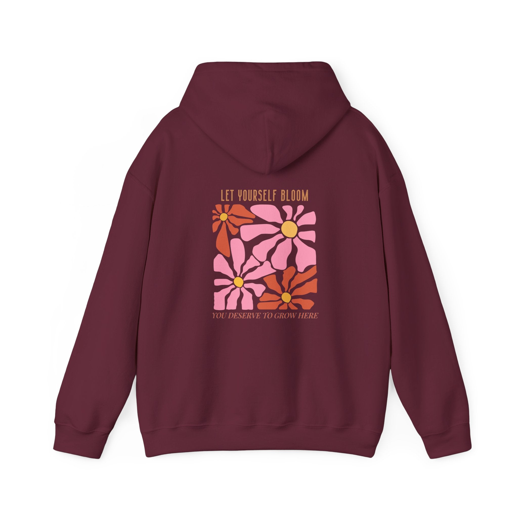 Be Kind to Your Growth hoodie back view showing vibrant floral artwork and motivational lettering