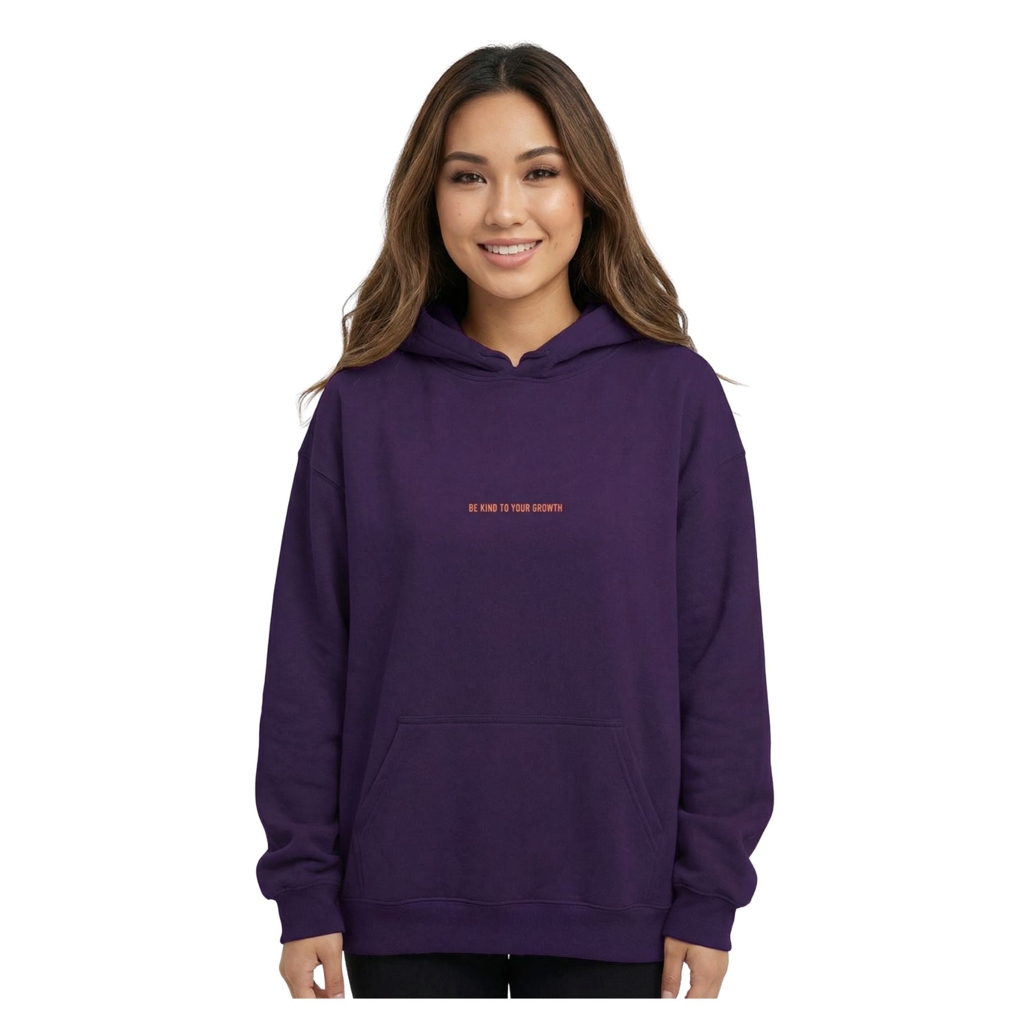 Be Kind to Your Growth unisex hoodie front design with inspirational lettering and minimalist style