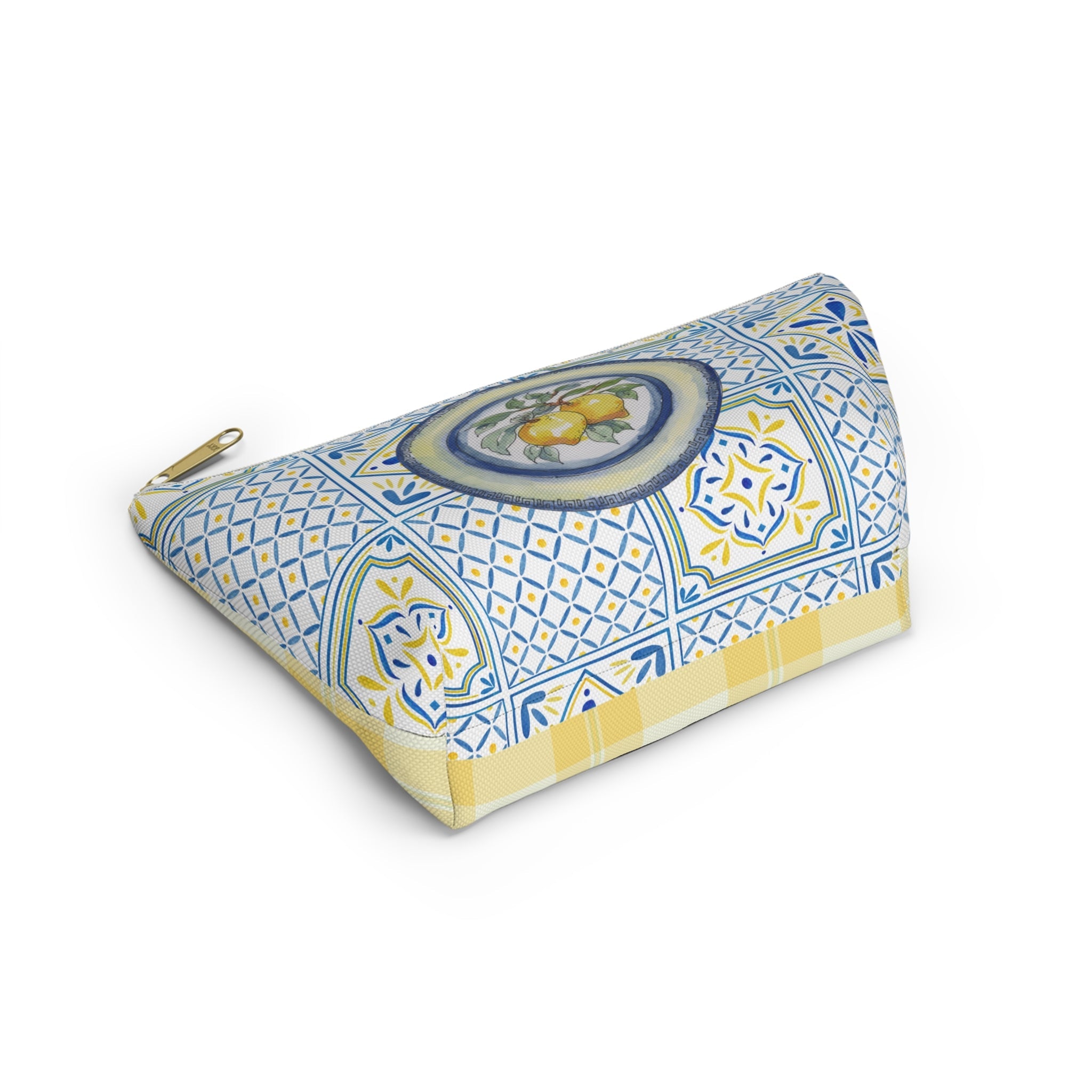 Yellow plaid travel pouch with lemon illustration