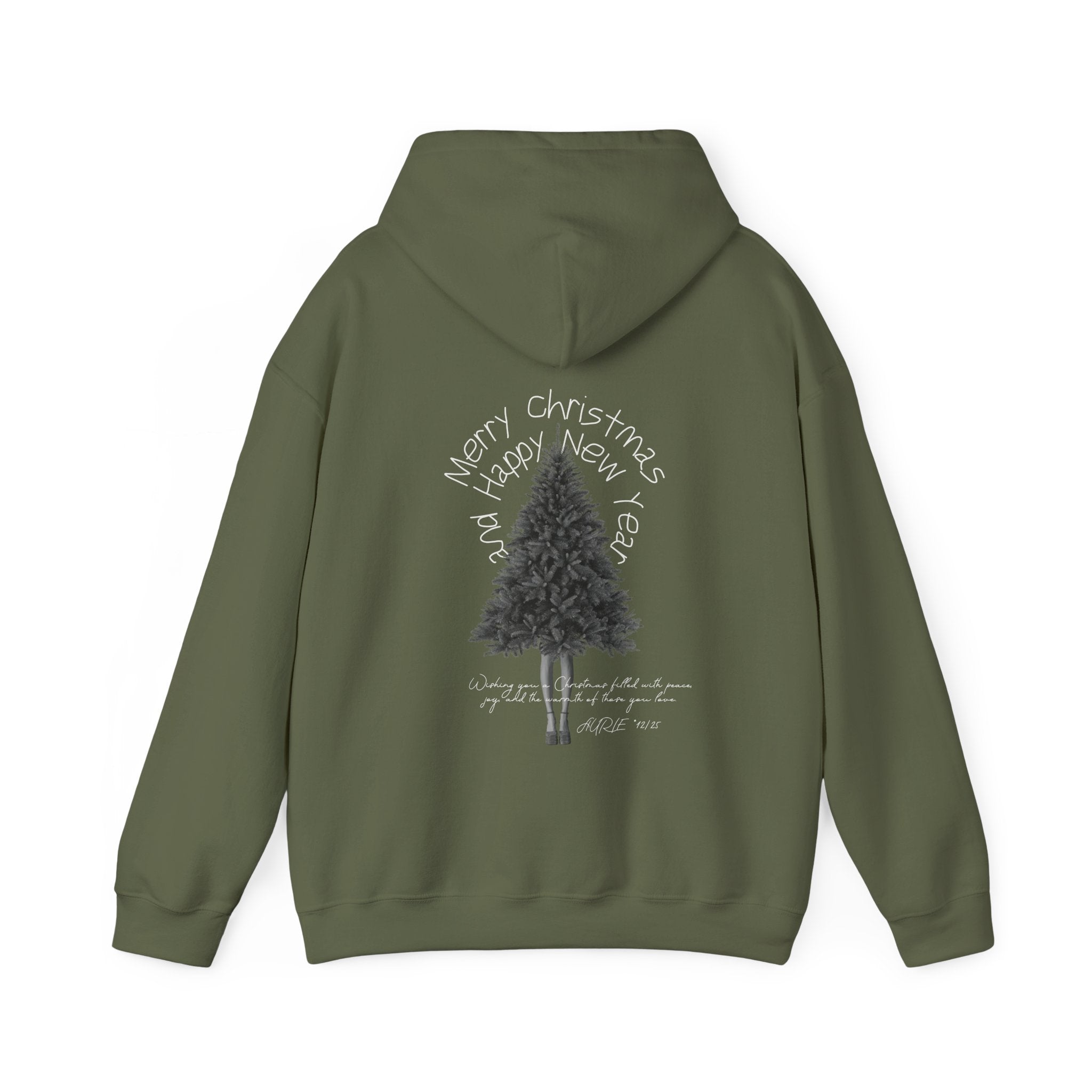 Military green holiday hoodie with illustration pine tree on holiday mood