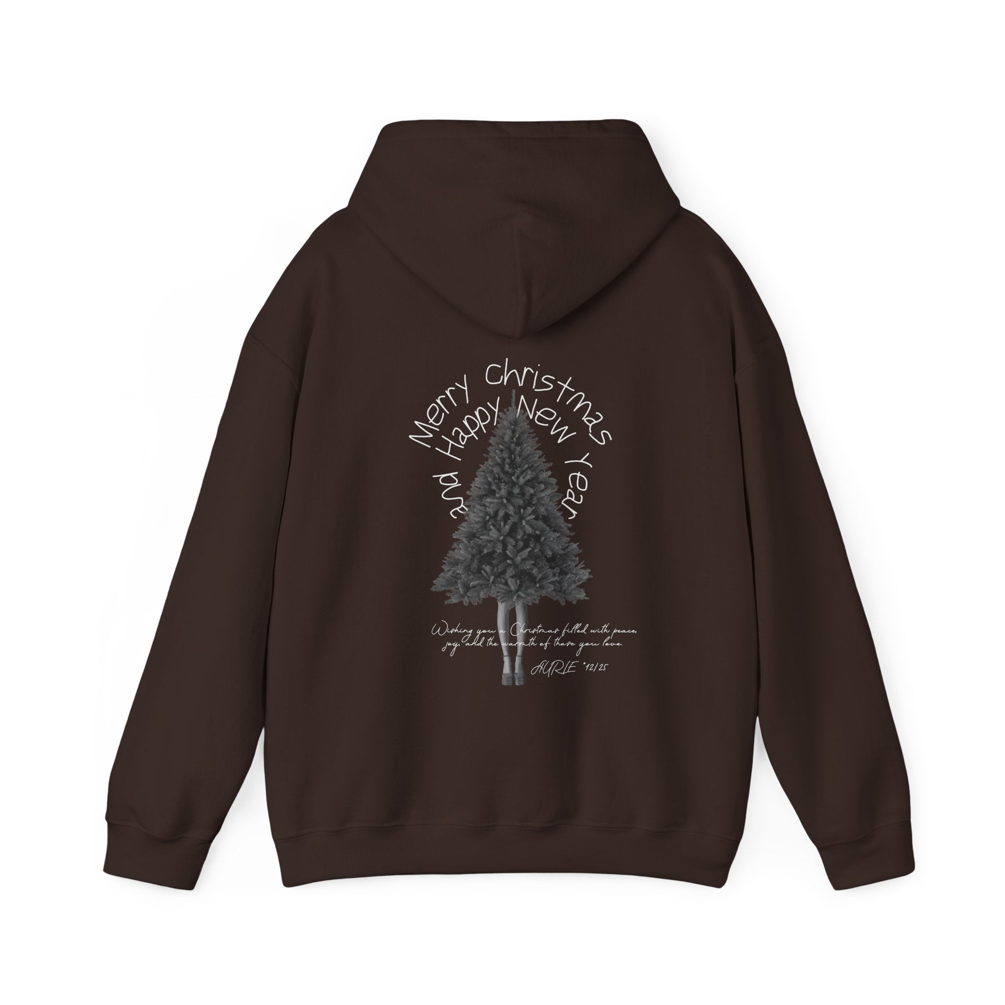 Dark chocolate Christmas hoodie with illustrated pine tree and Merry Christmas and Happy New Year text on the back