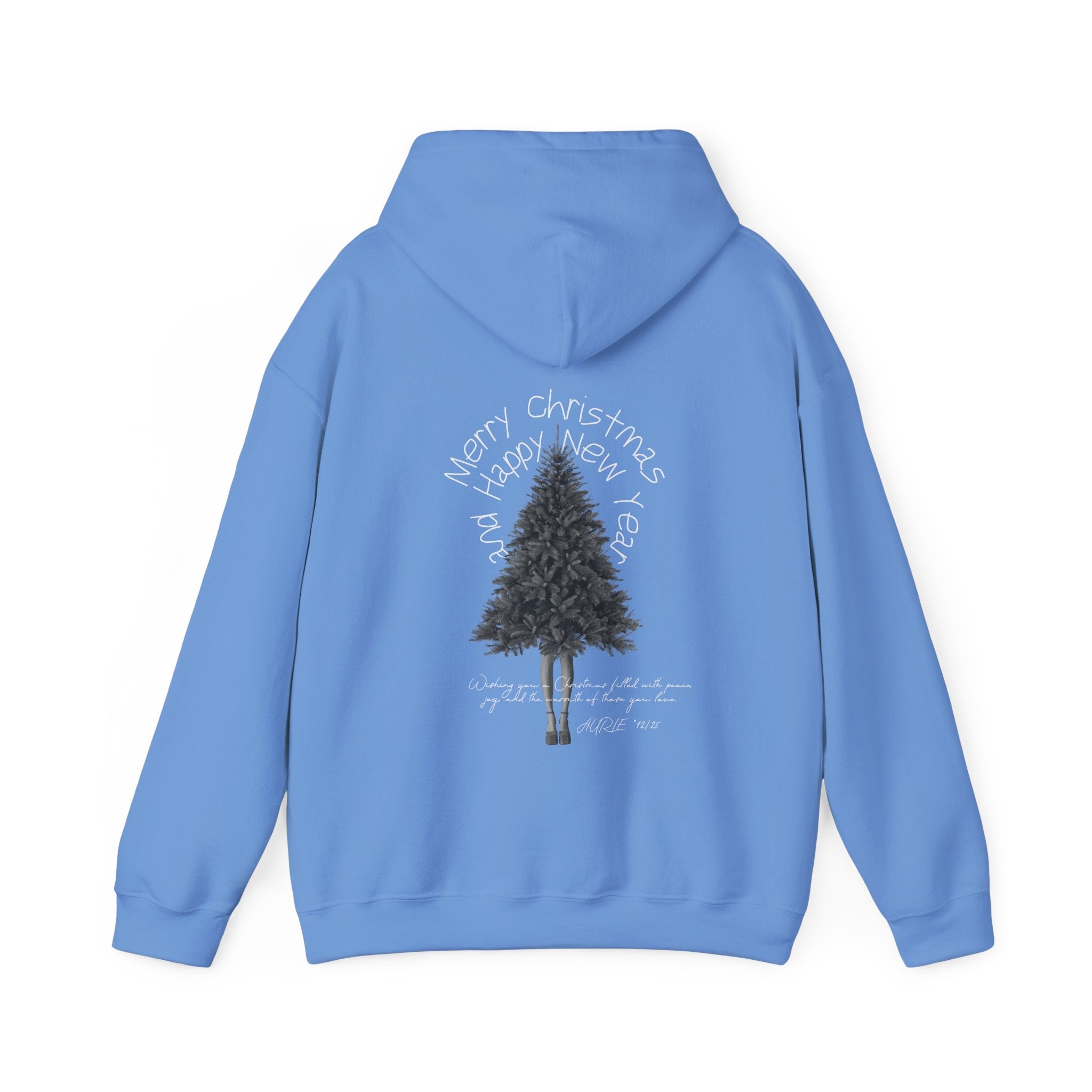back view of Carolina blue holiday hoodie with tree graphic 