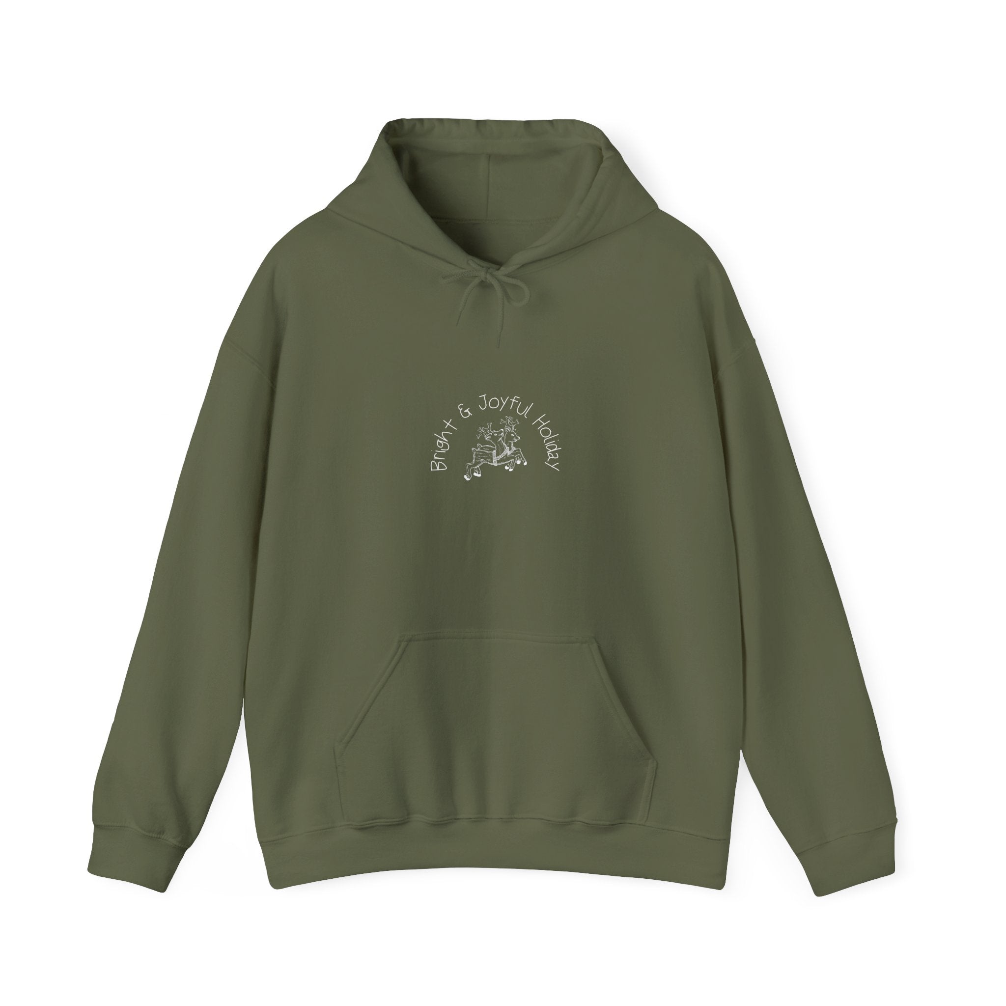front view of holiday hoodie with reindeer graphic in military green