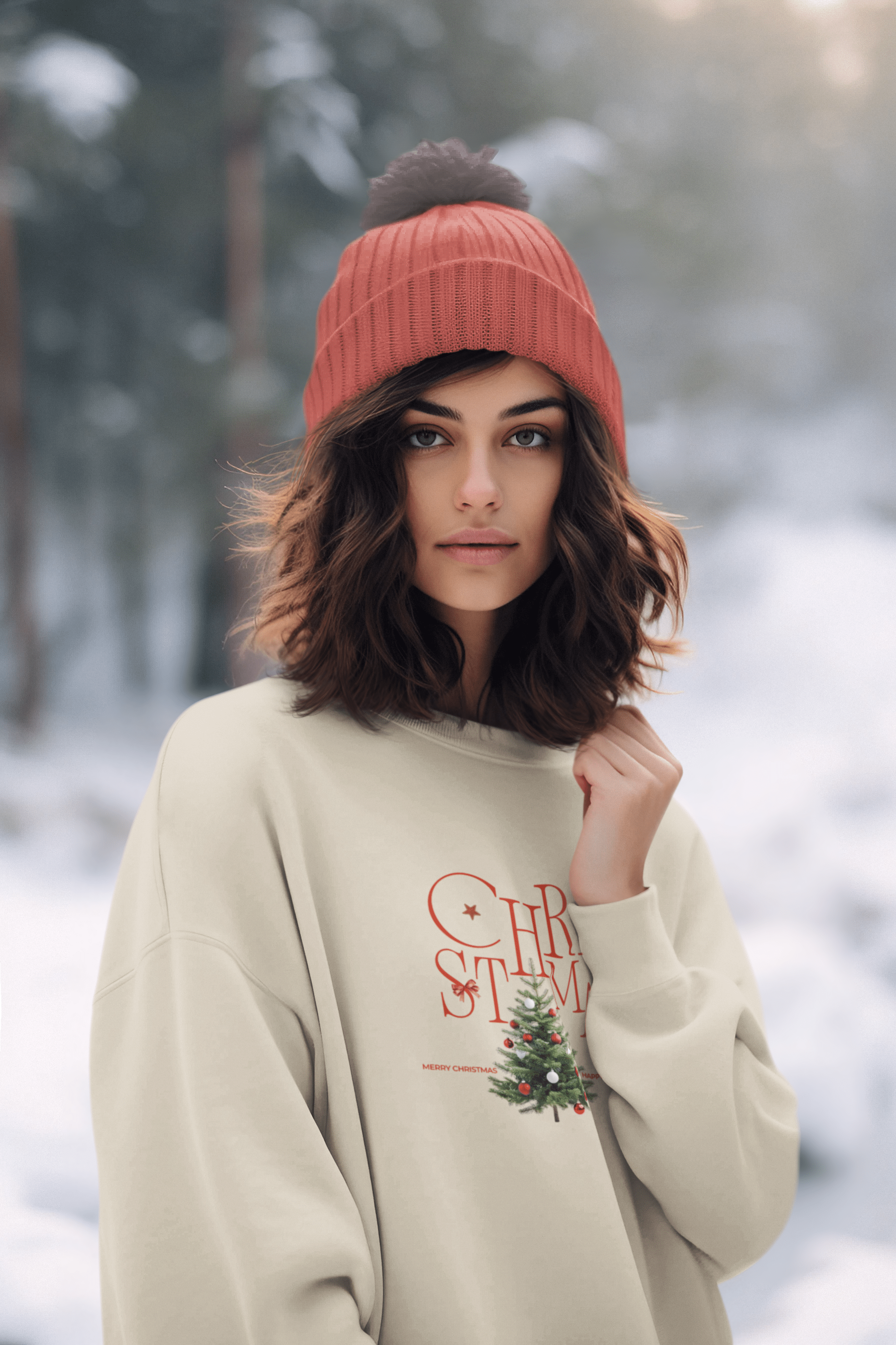 model wearing Christmas tree graphic crewneck sand sweatshirt