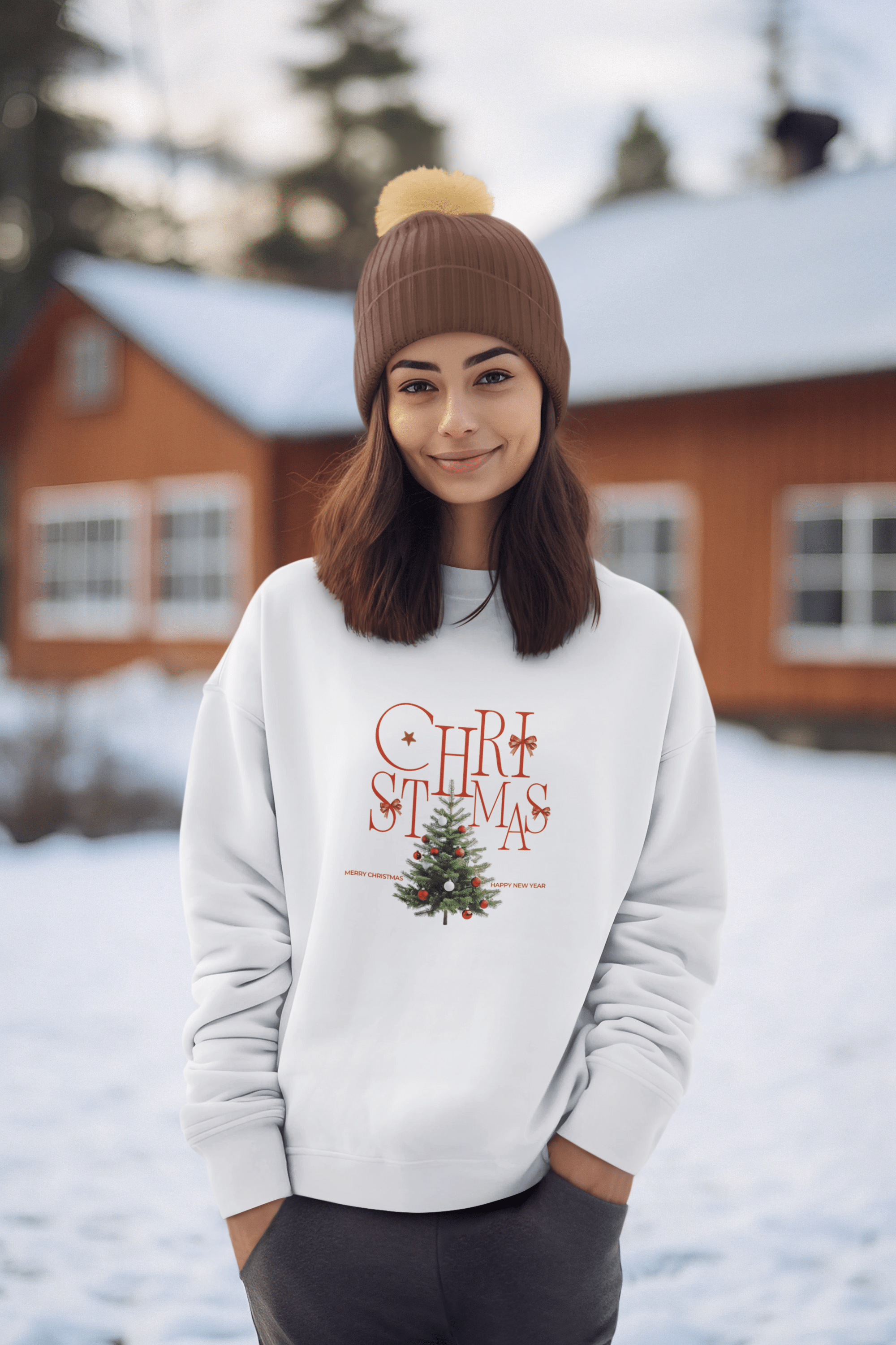 Christmas tree graphic crewneck sweatshirt in white with elegant red holiday lettering.