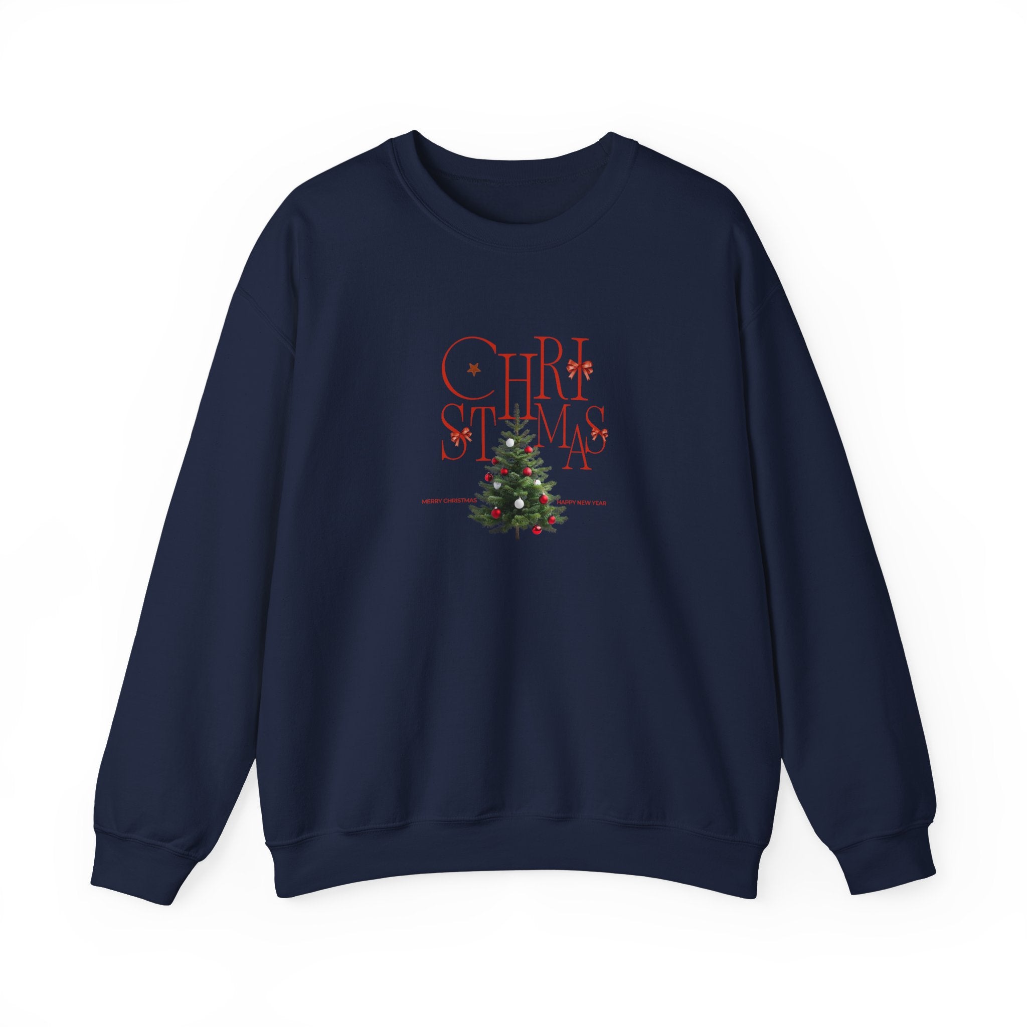 Christmas tree graphic navy crewneck sweatshirt on the front
