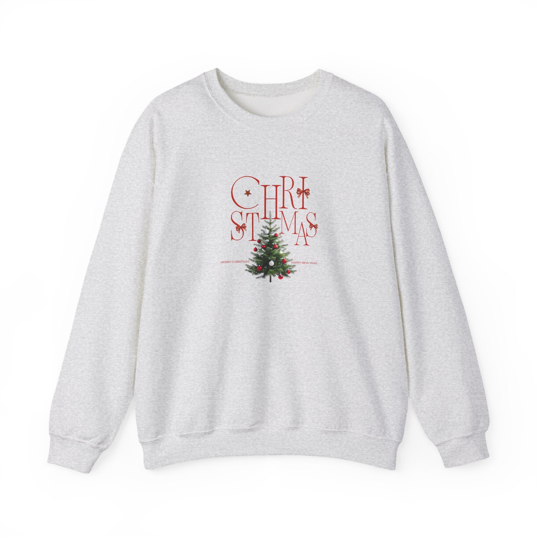 Christmas tree graphic ash crewneck sweatshirt in white with elegant red holiday lettering.
