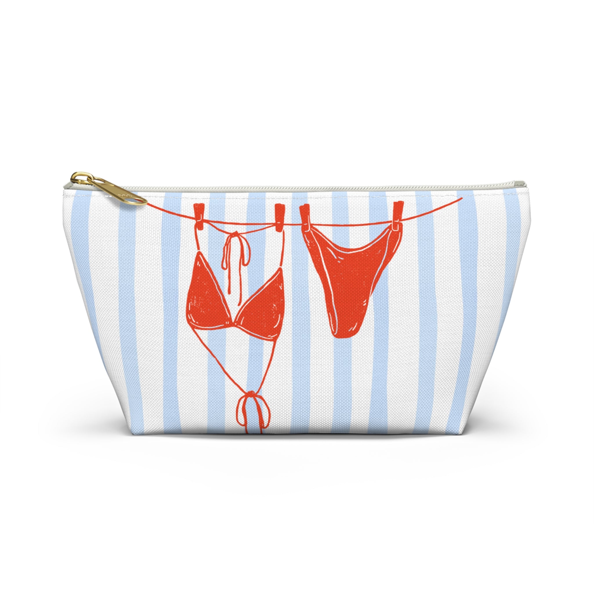 Blue and white striped makeup pouch with red bikini illustration