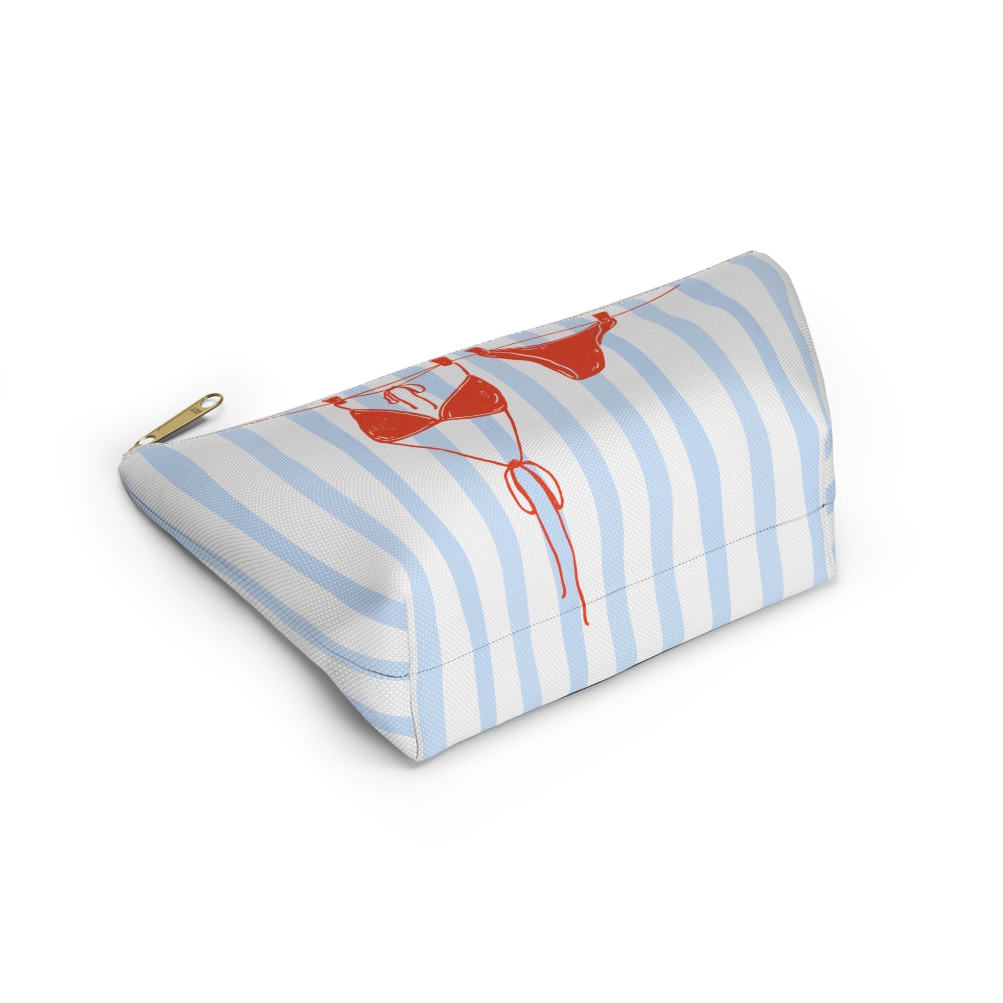 Travel makeup bag with blue stripes and bikini print