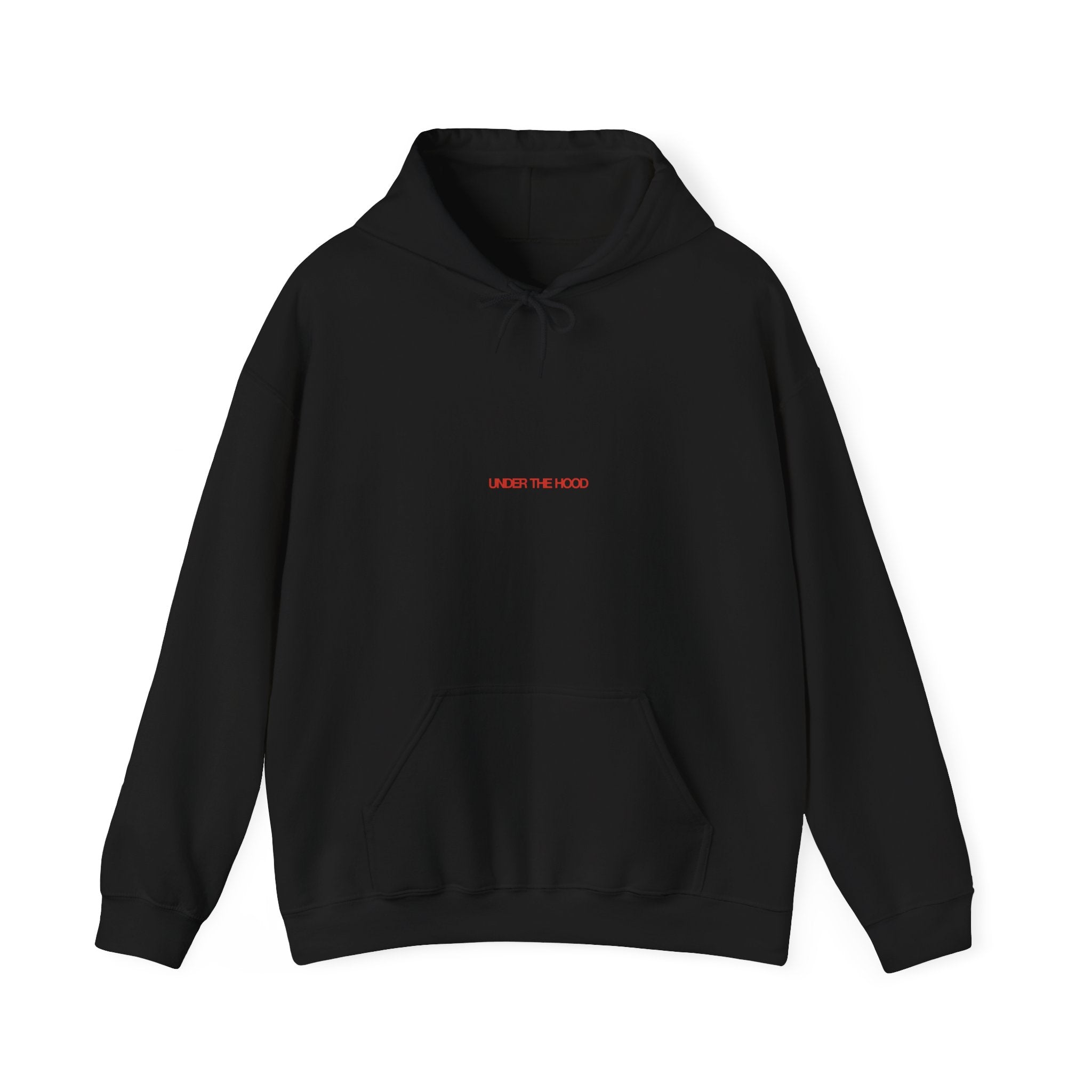 front view of under the hood hoodie print on soft cozy unisex black sweatshirt