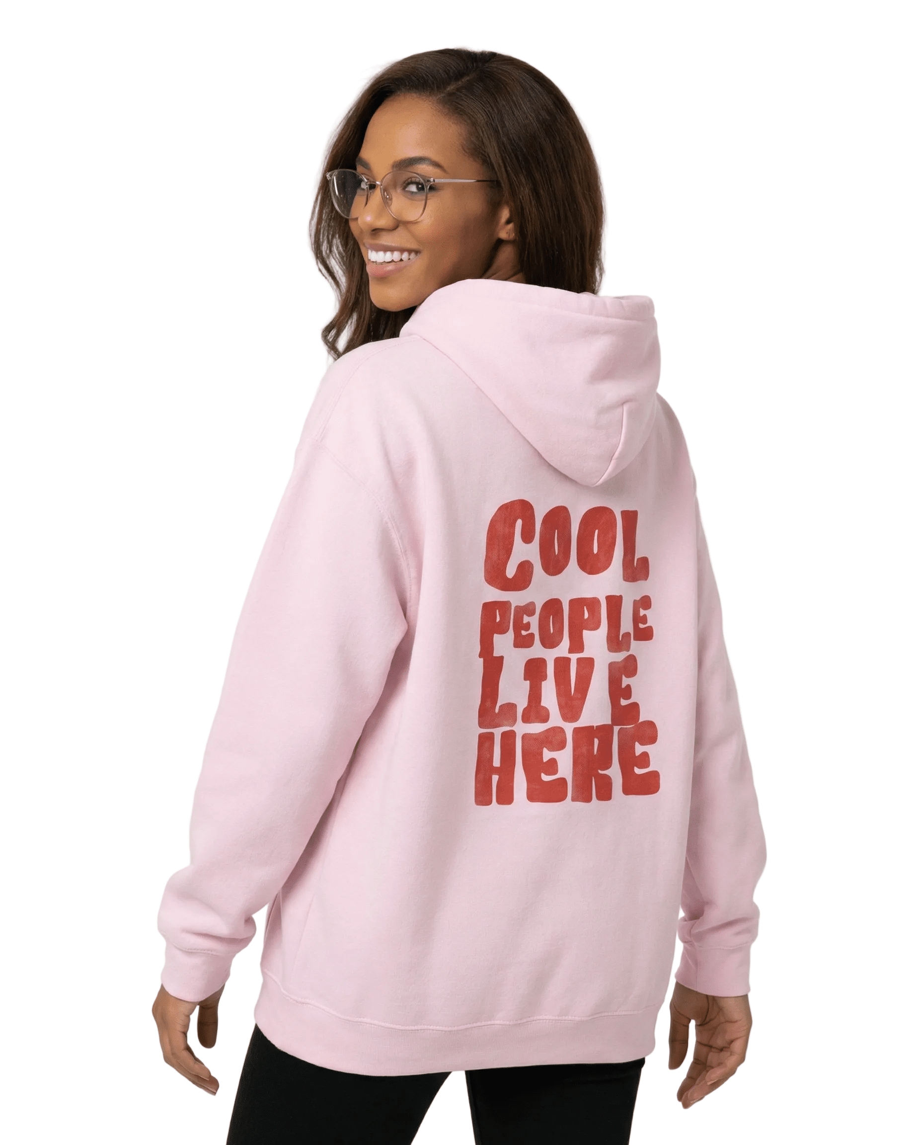 Model wearing Cool People Live Here unisex hoodie, cozy statement sweatshirt for casual wear