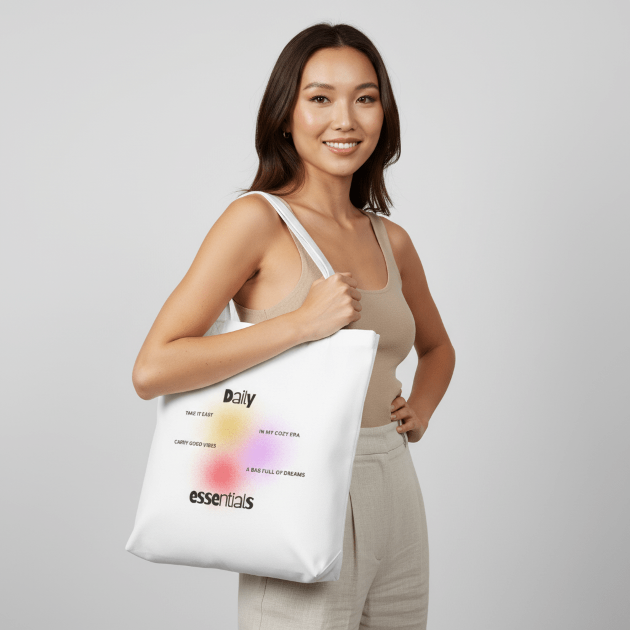 Cozy aesthetic tote bag with positive phrases and playful lettering, lightweight everyday carry bag for daily essentials
