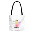 Close-up of inspirational text tote bag with positive messages and soft polyester fabric texture
