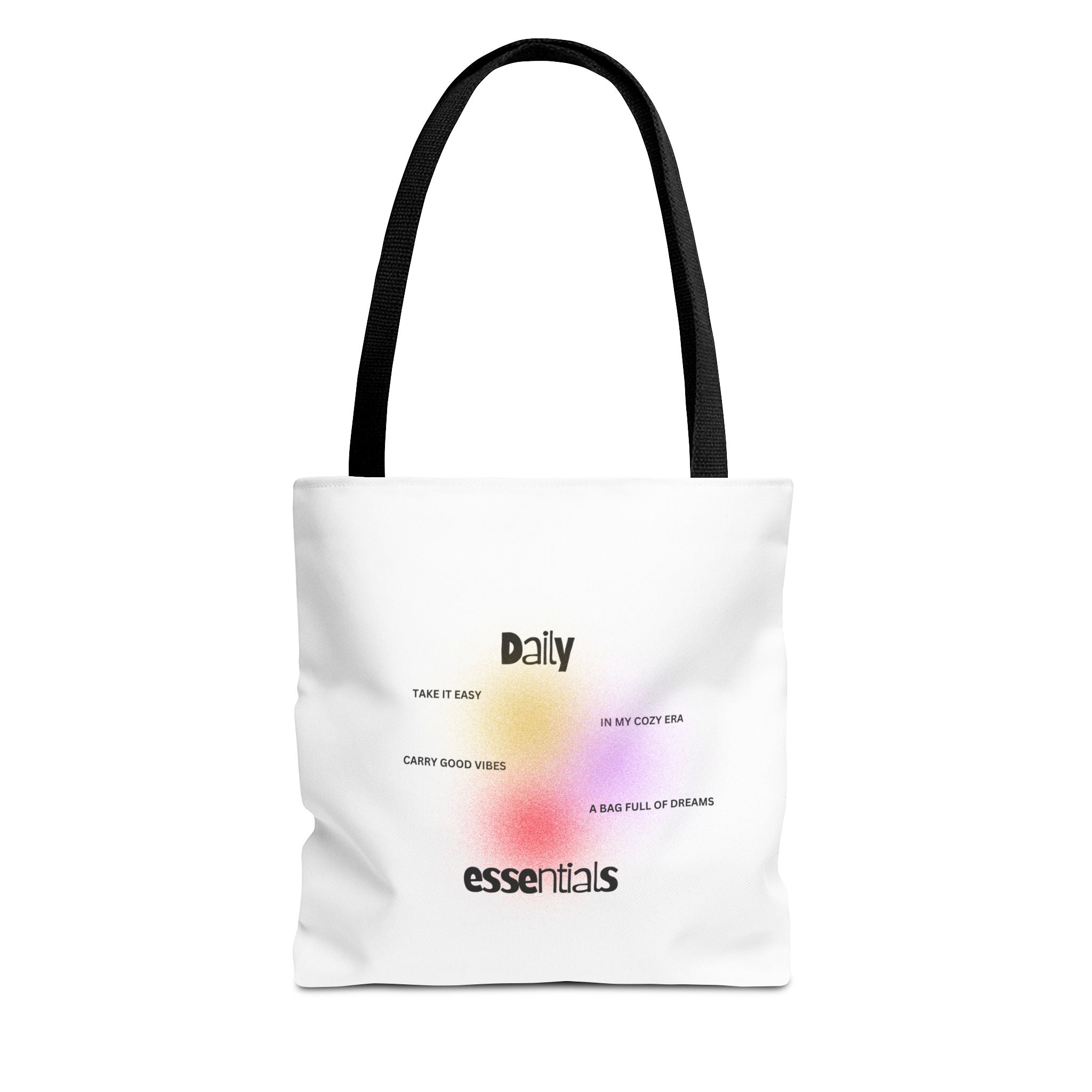Close-up of inspirational text tote bag with positive messages and soft polyester fabric texture
