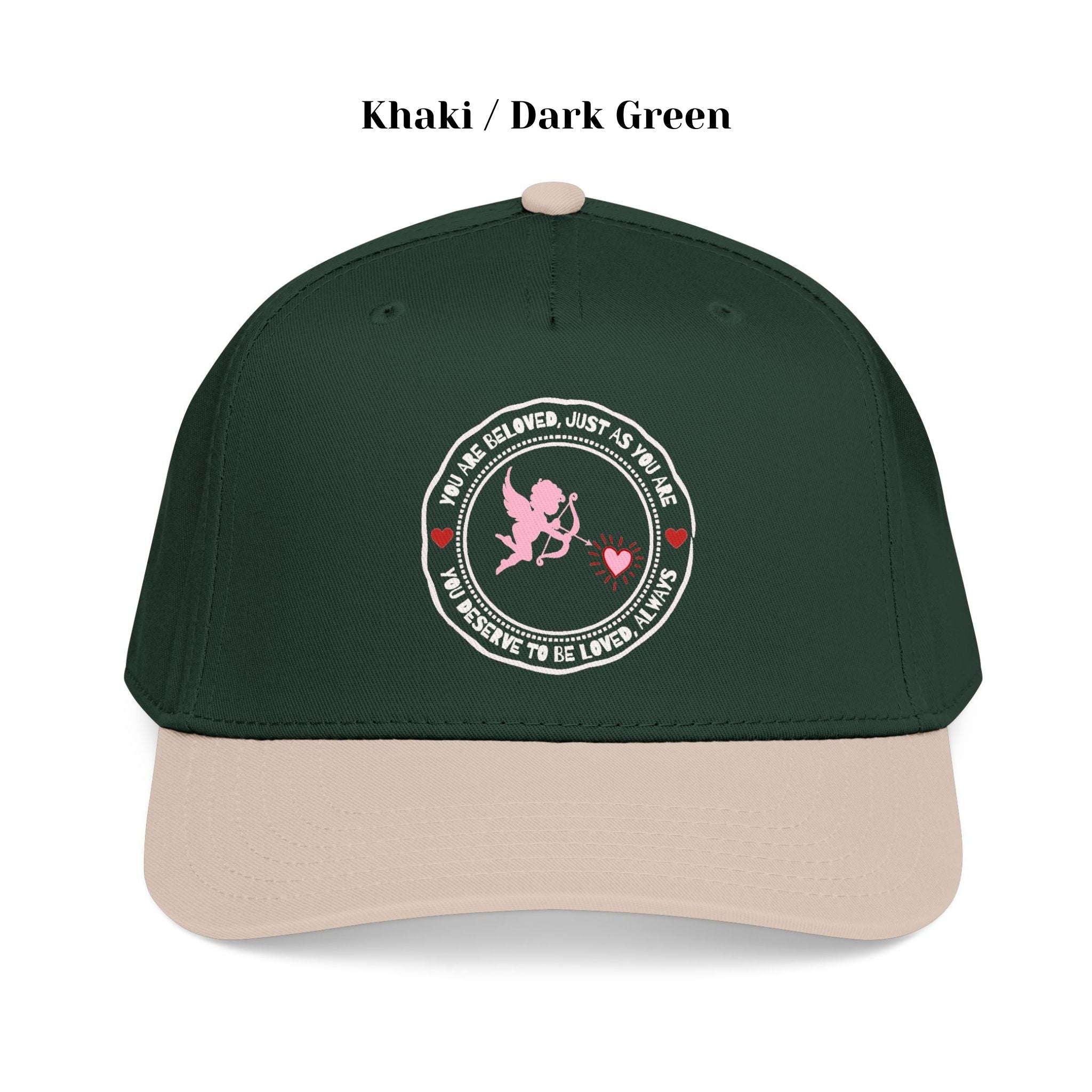 Front view of Cupid’s Embrace Trucker khaki dark green Hat with “You Are Beloved” embroidery in red heart design