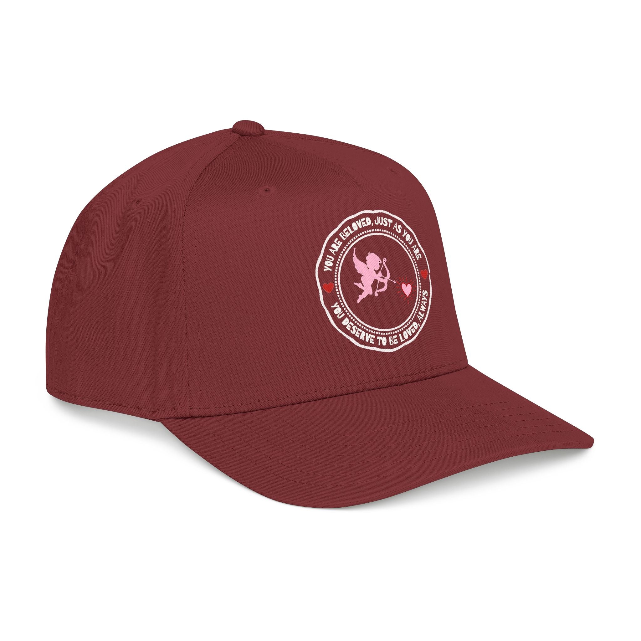Maroon cap with a circular logo featuring a cupid design for valentine day