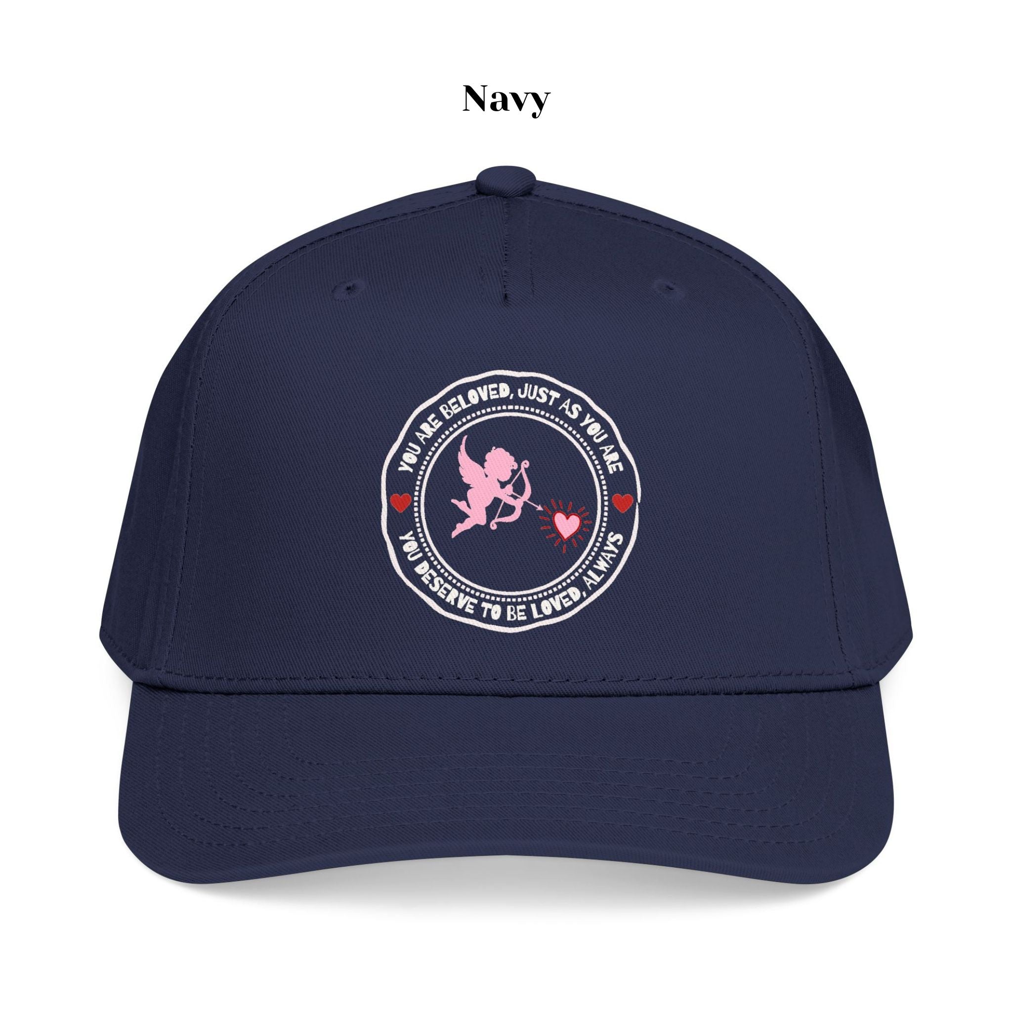 Soft polyester-cotton blend trucker navy hat in multiple colors with “You Are Beloved, Just As You Are” text
