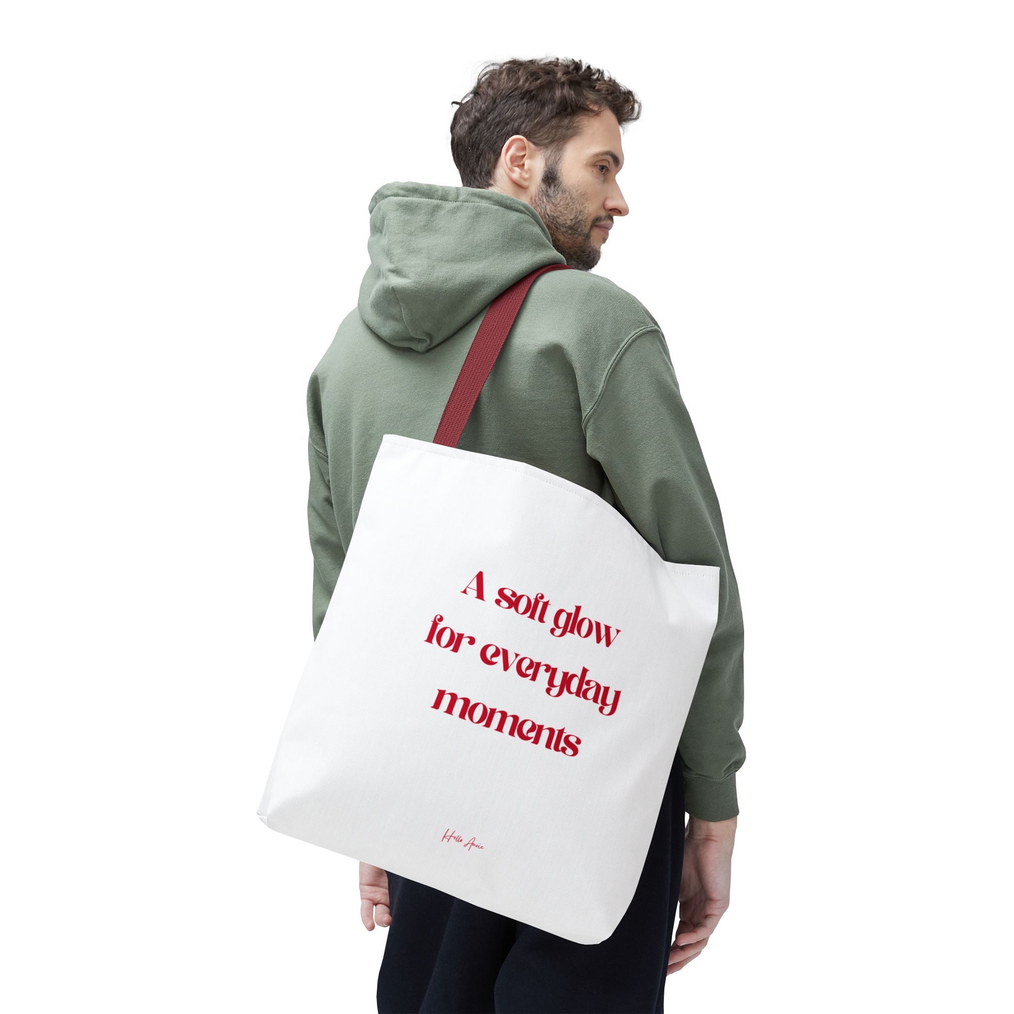 Close-up of minimalist typography tote bag with soft glowing text design
