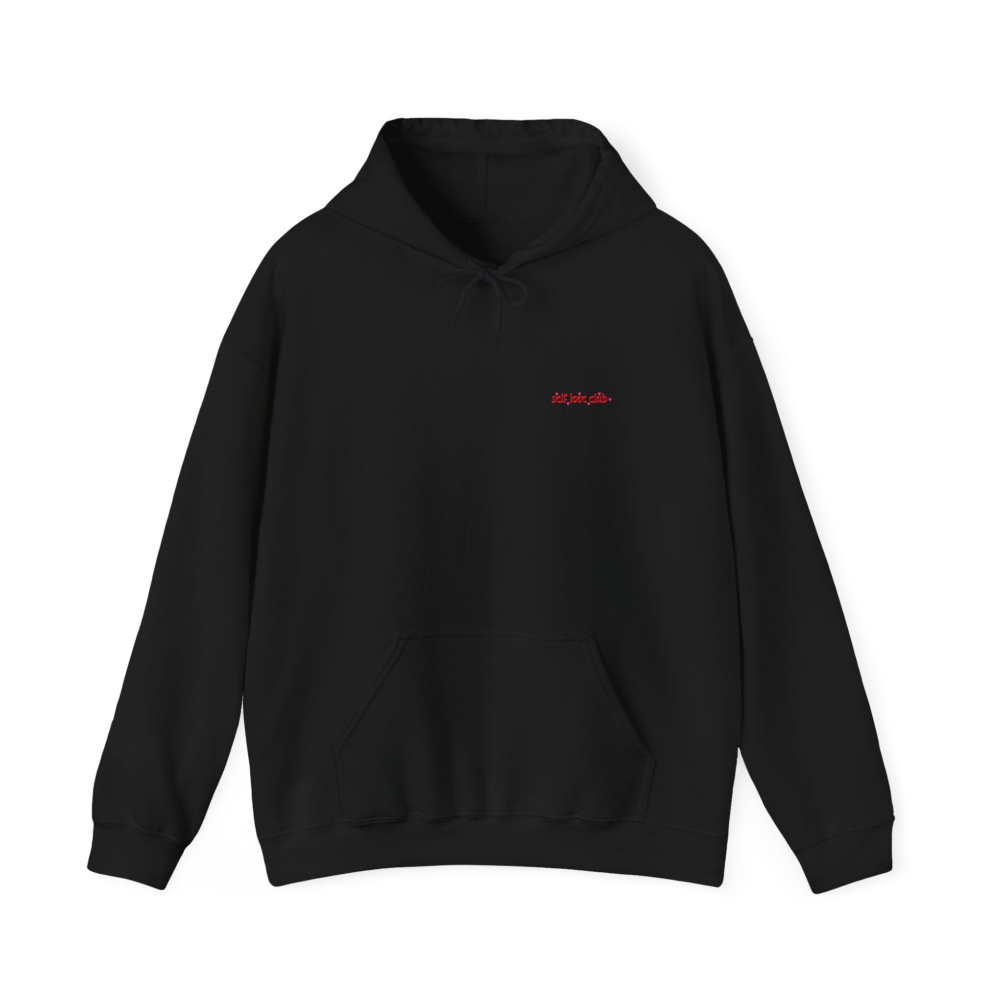black hoodie with self love club lettering on the front