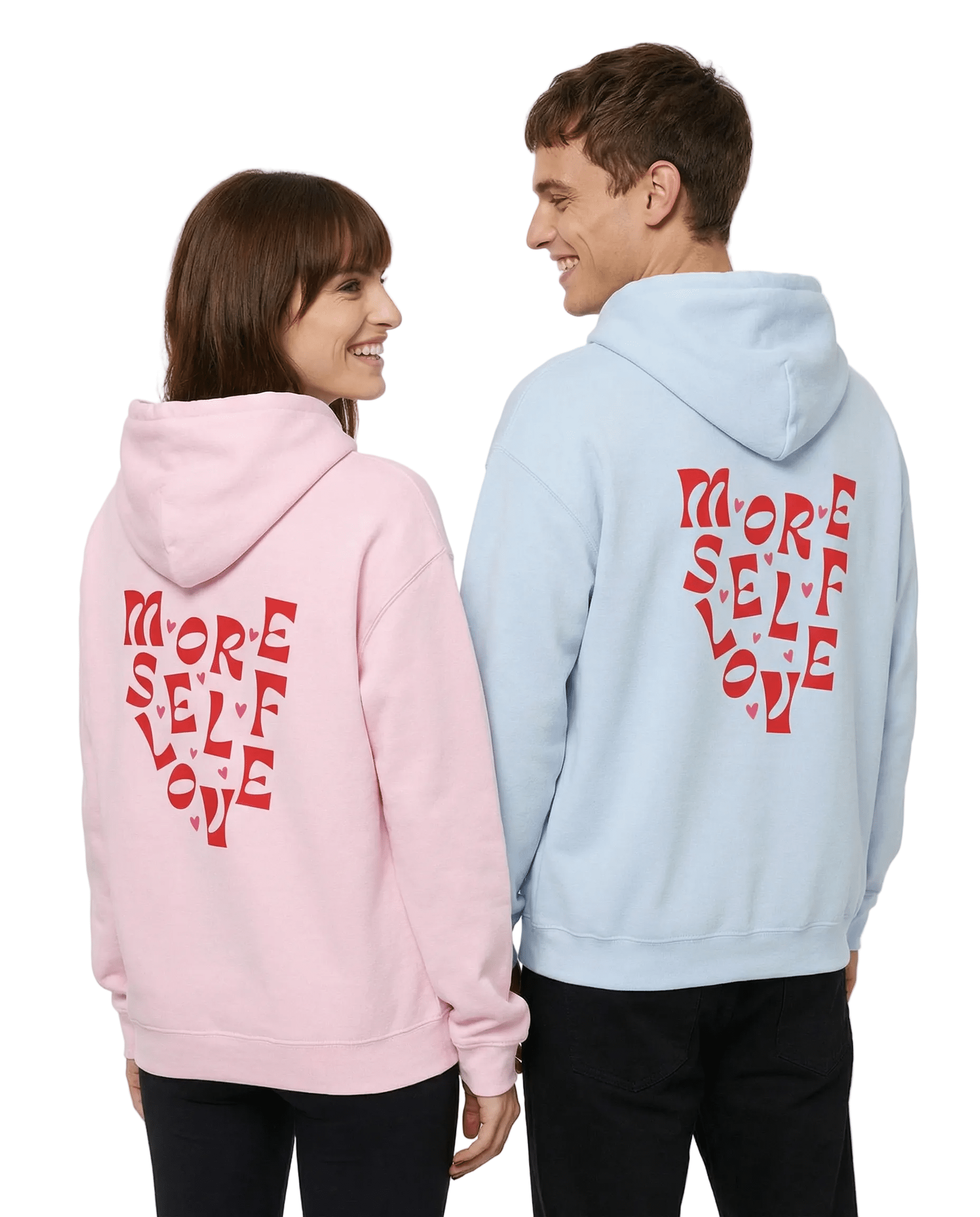 Couple hoodie with self love inspiration in pink and light blue colors
