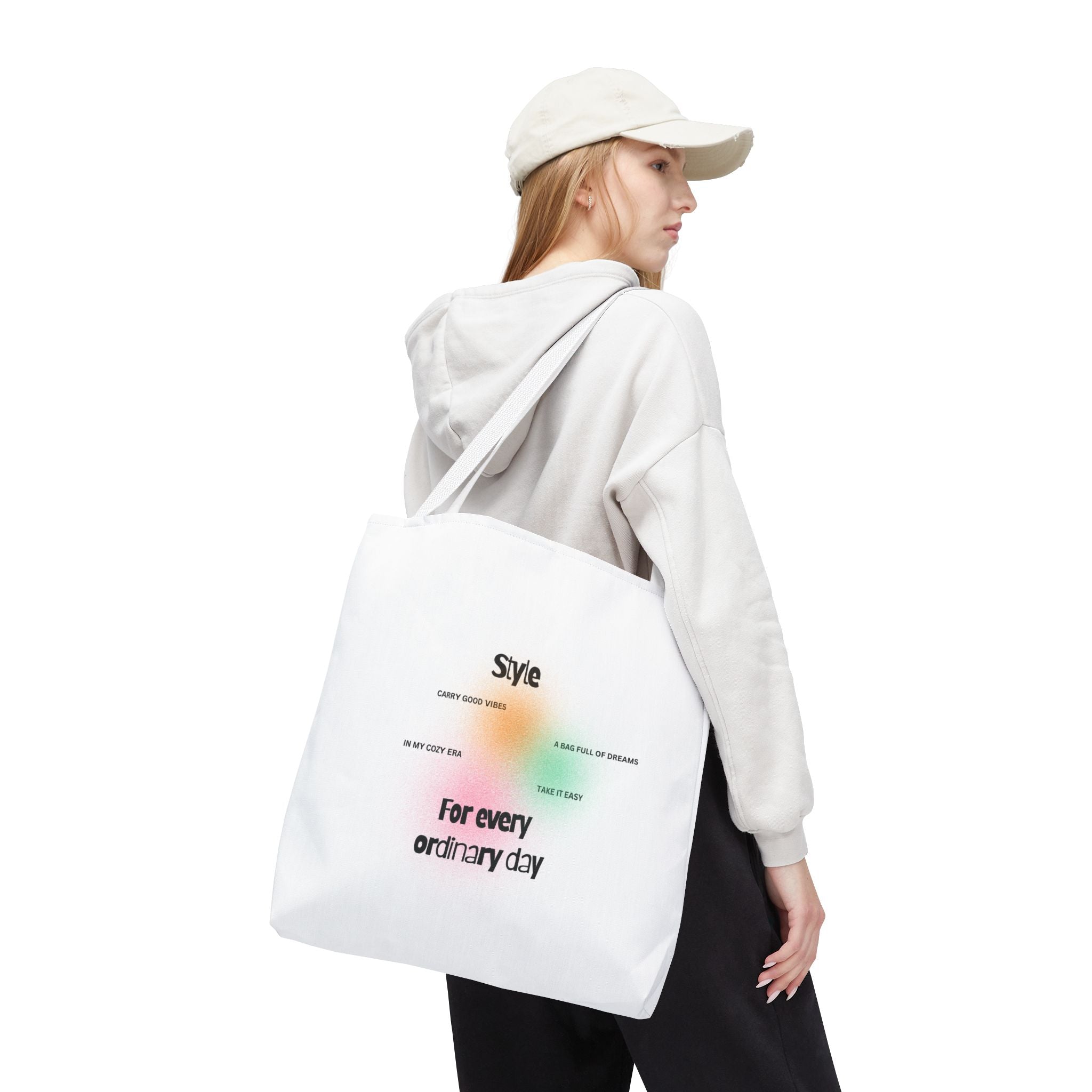 Close-up of Everyday Vibes canvas tote bag with playful typography and sturdy fabric