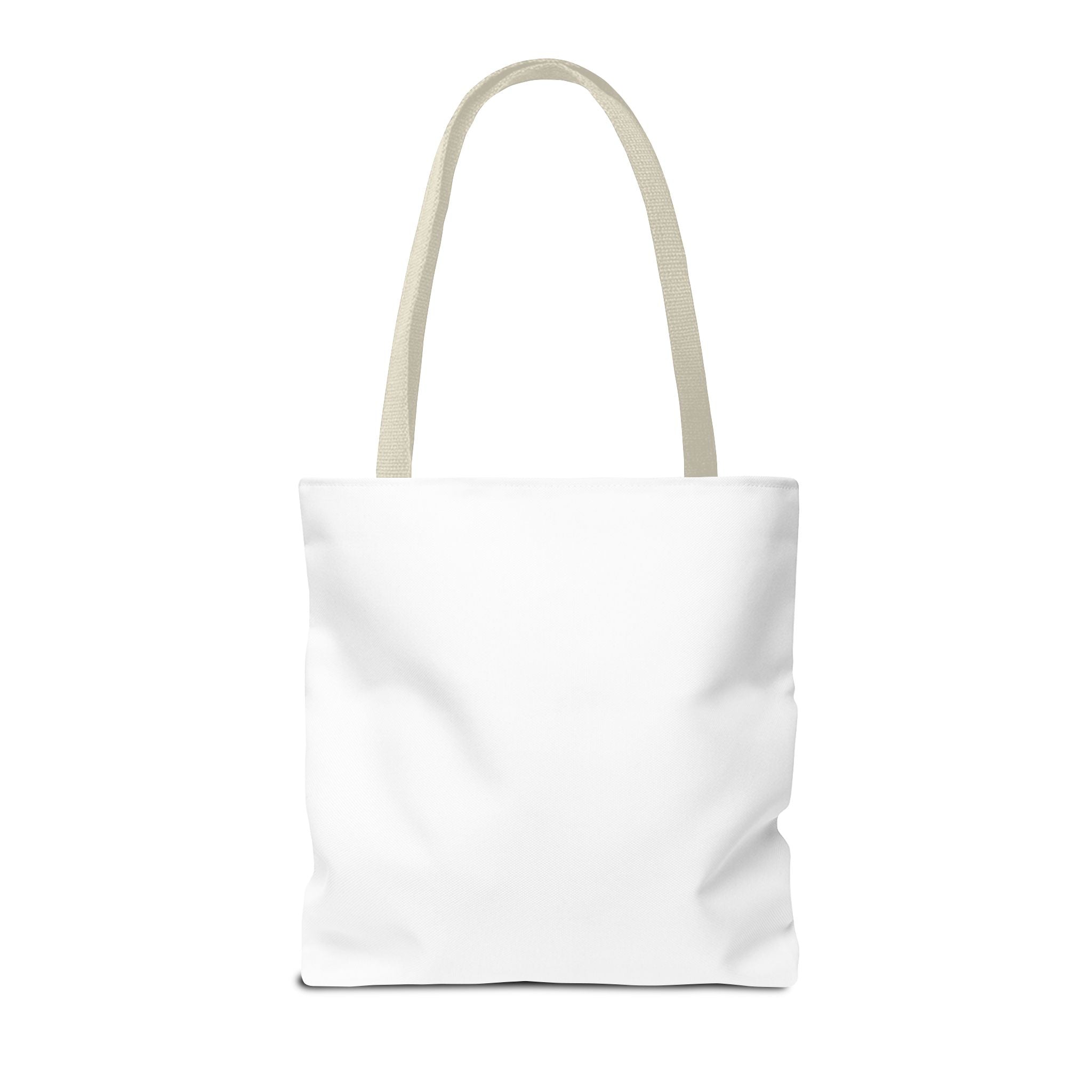 White tote bag with beige handle on a white background