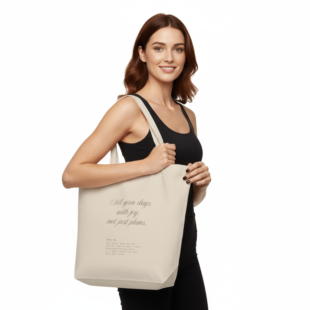 Woman holding a beige tote bag with text fill your days with you for casual wear