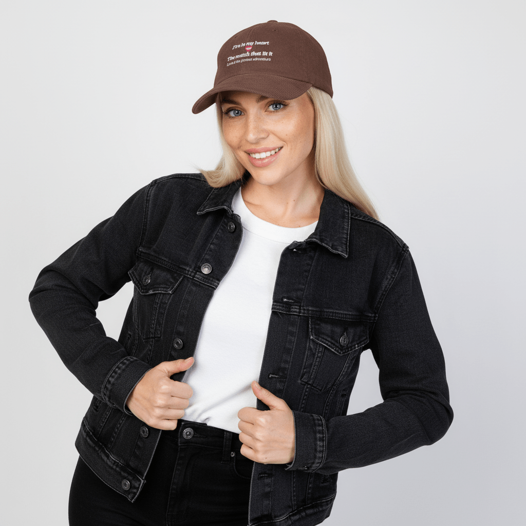 Vintage cotton corduroy cap featuring romantic embroidered text and heart graphic, adjustable unisex casual hat