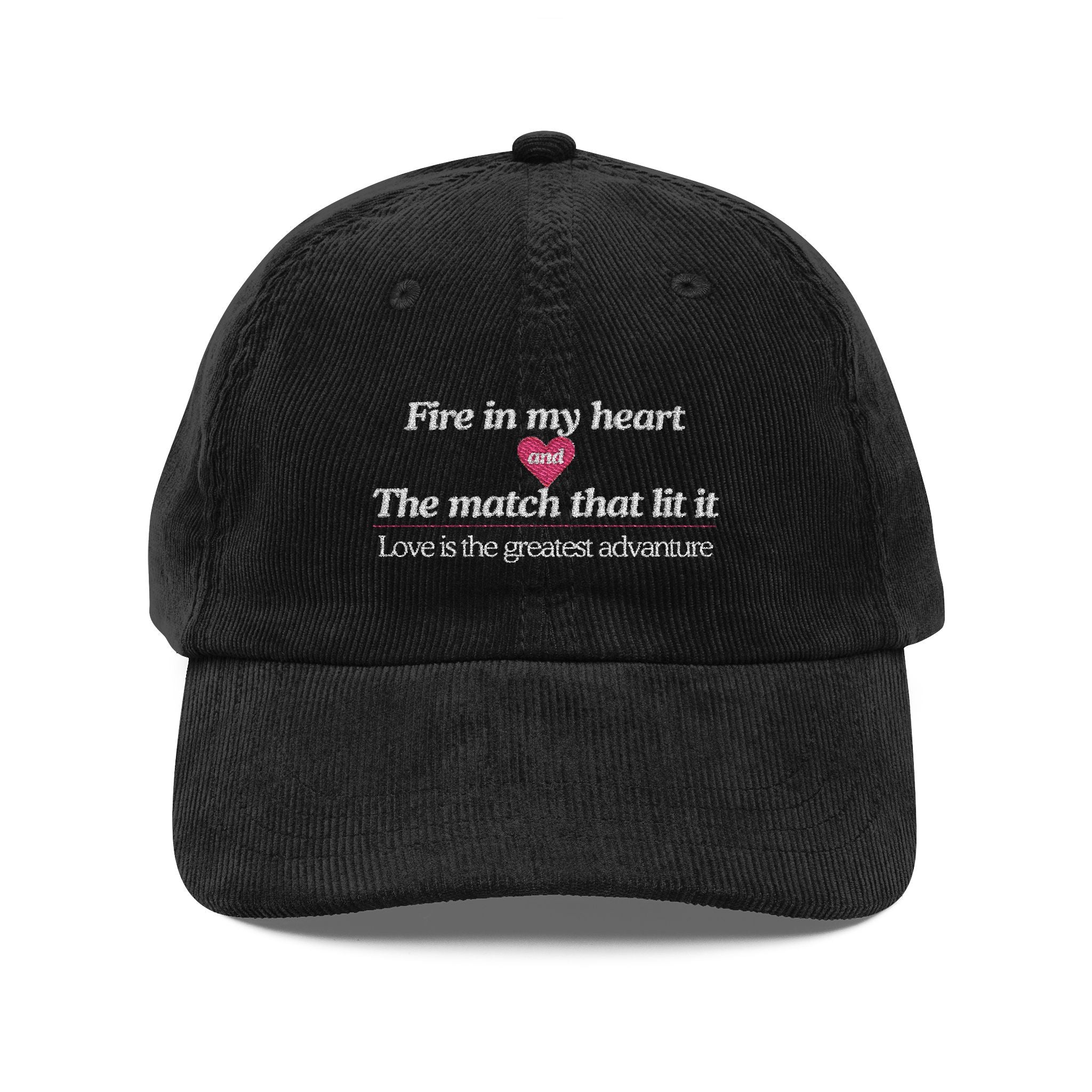 Fire in My Heart embroidered corduroy baseball cap in black, vintage-inspired cotton hat with poetic love message