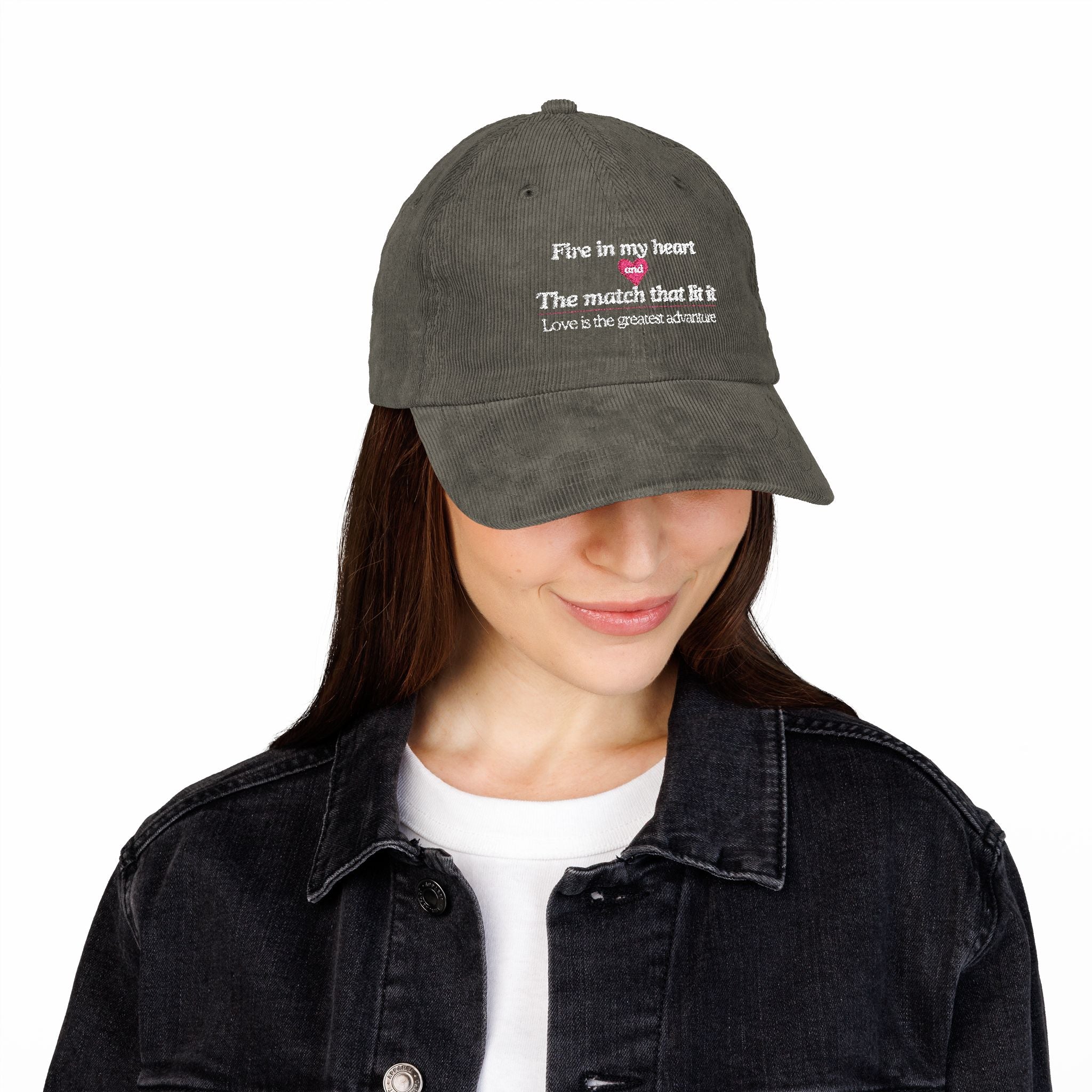 Romantic quote embroidered corduroy cap in olive with soft cotton texture and adjustable closure, low profile fit