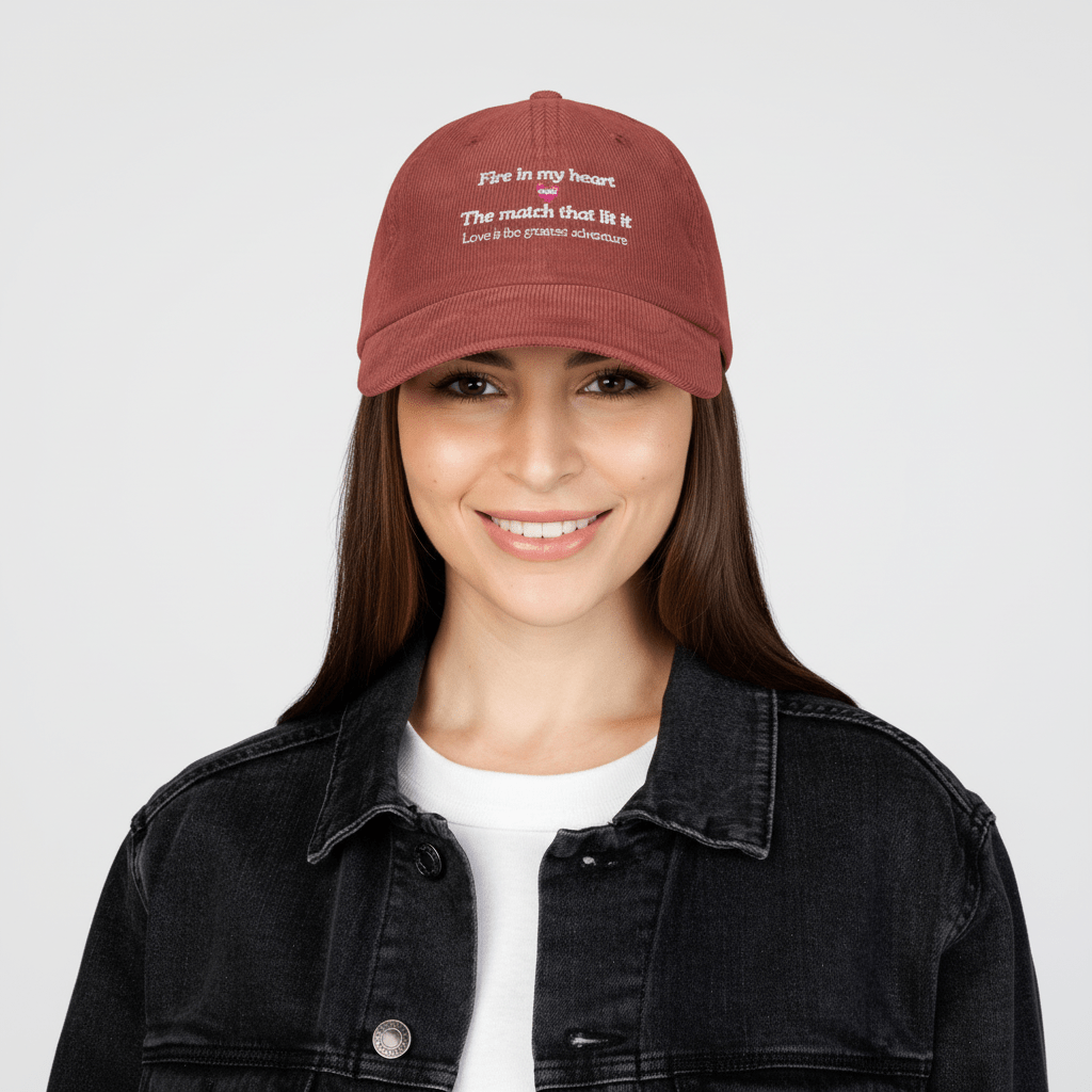 Corduroy baseball cap with embroidered love quote “Fire in my heart” and red heart detail, vintage unstructured cotton hat