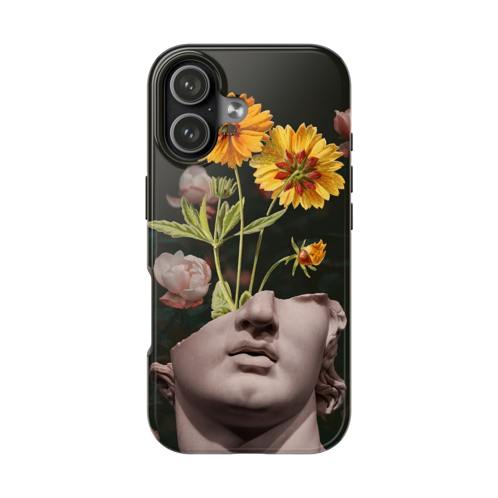 Artistic floral iPhone cover with surreal statue design and Vintage aesthetic phone case with blooming flowers