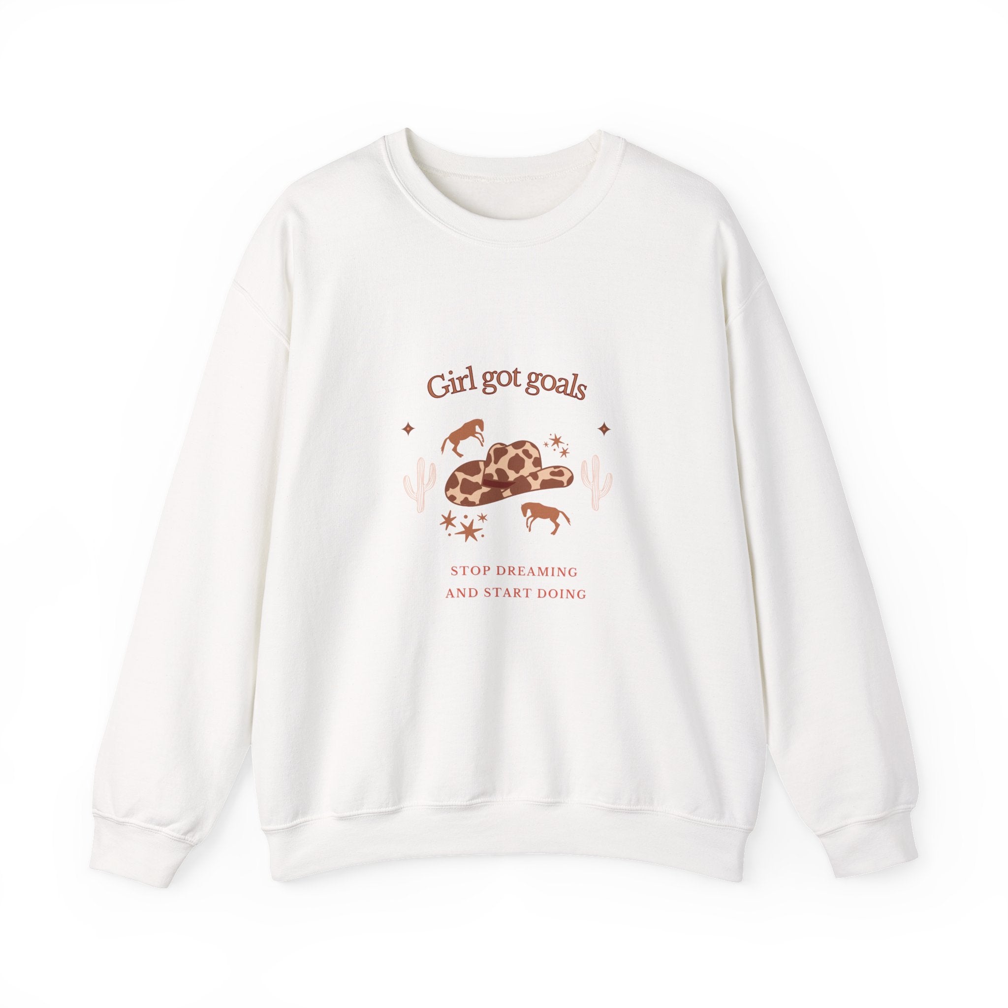 Unisex white sweatshirt featuring western cowgirl artwork, horses, cacti, and inspirational “Girl Got Goals” text