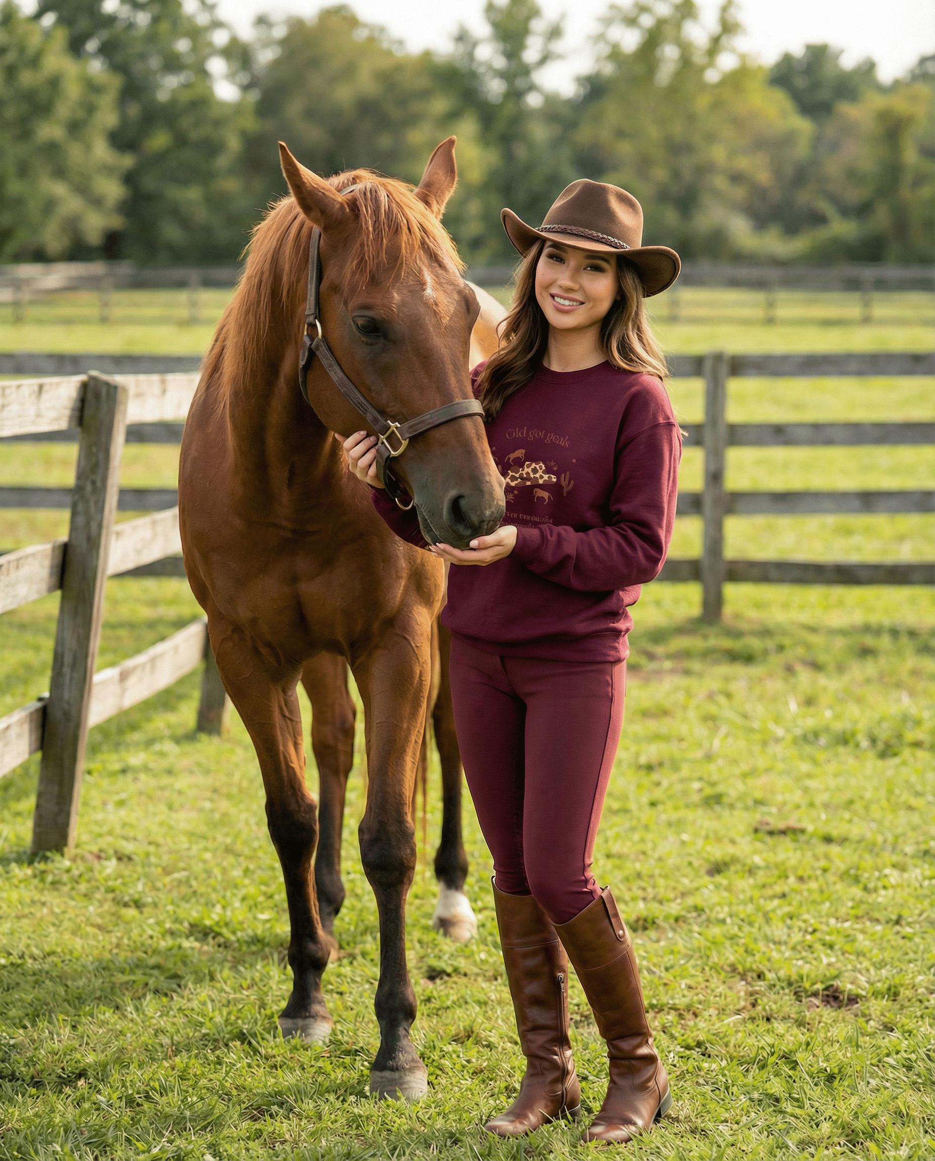 Women’s maroon sweatshirt with western cowgirl hat illustration, horses and cacti design, and “Girl Got Goals” inspirational lettering