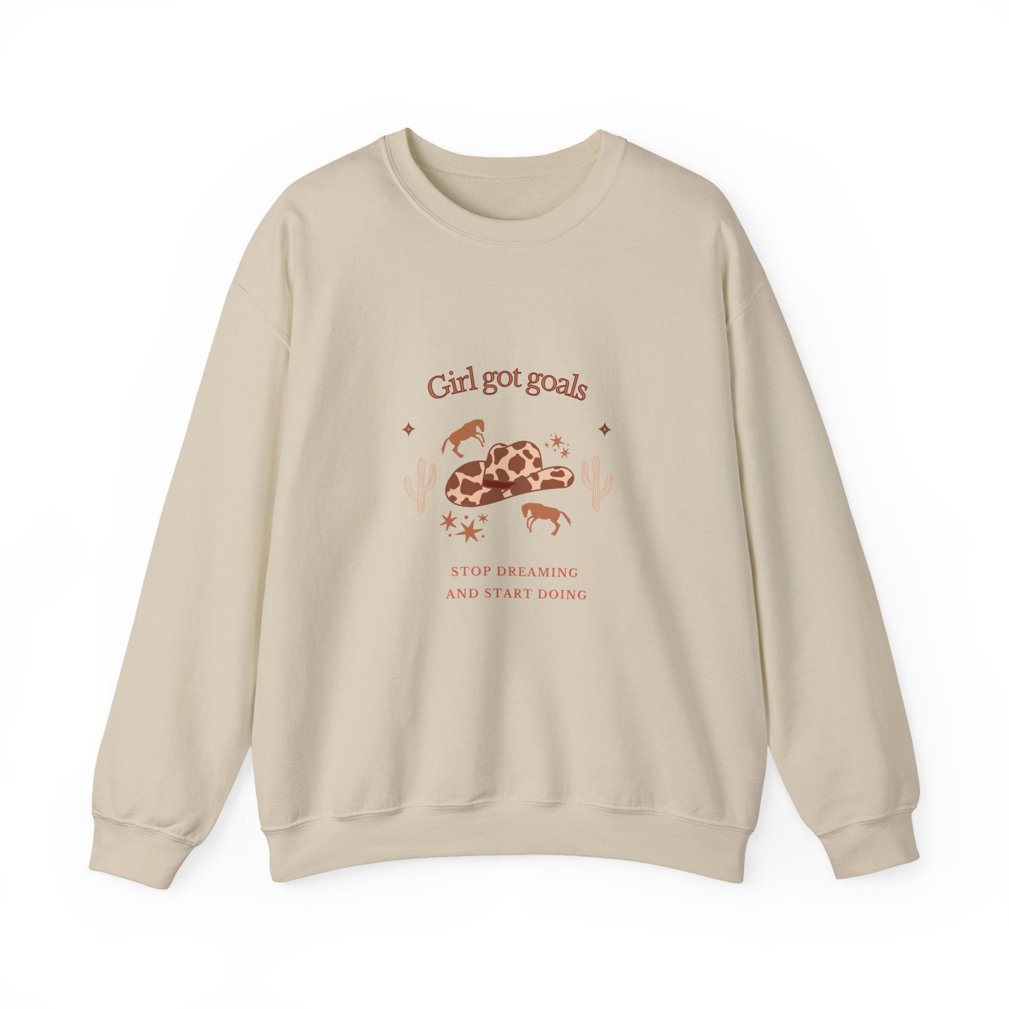 Front view of sand women’s sweatshirt with cowgirl-inspired graphic and “Stop Dreaming and Start Doing” message