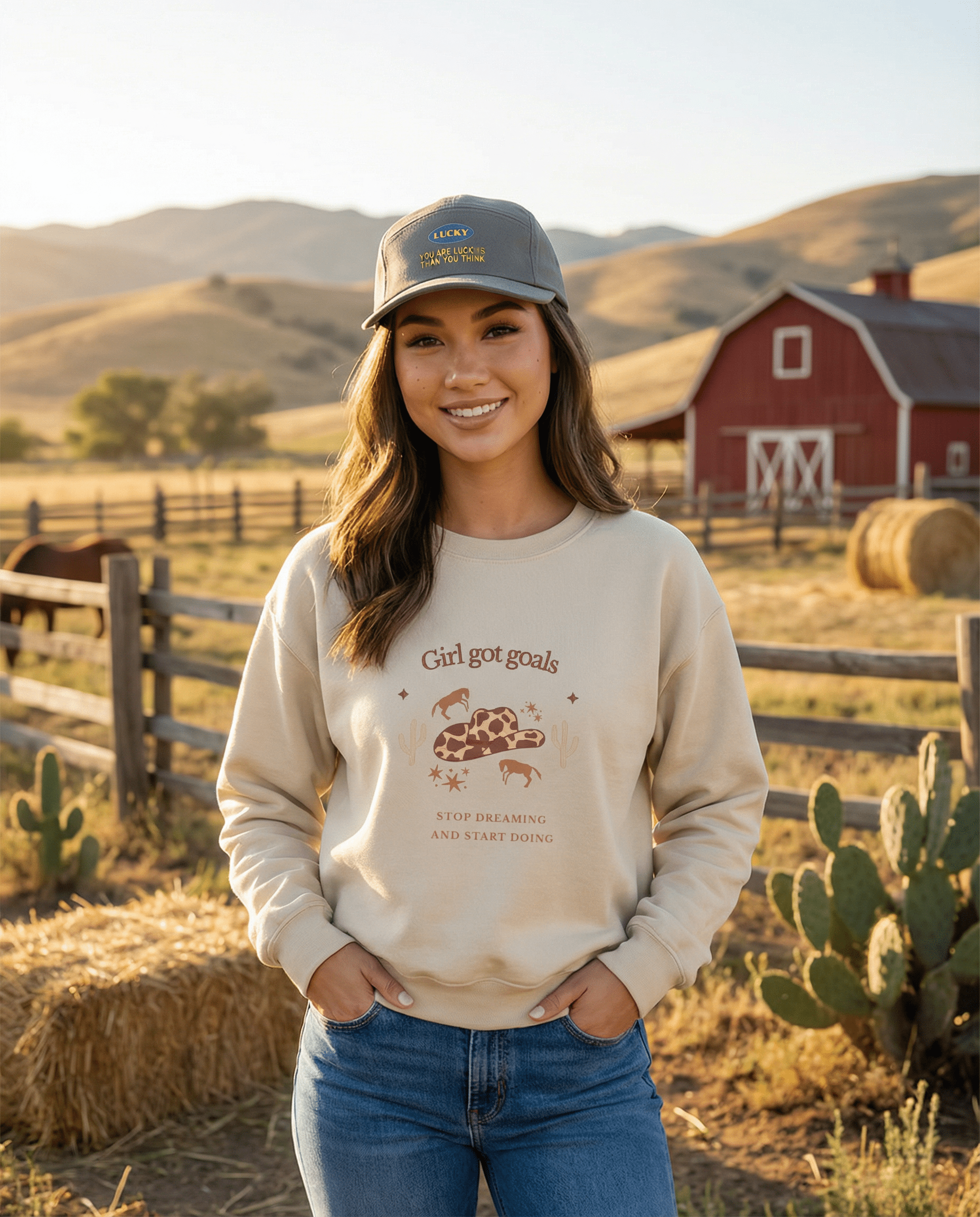 Front view of sand women’s sweatshirt with “Stop Dreaming and Start Doing” message and wearing luck hat